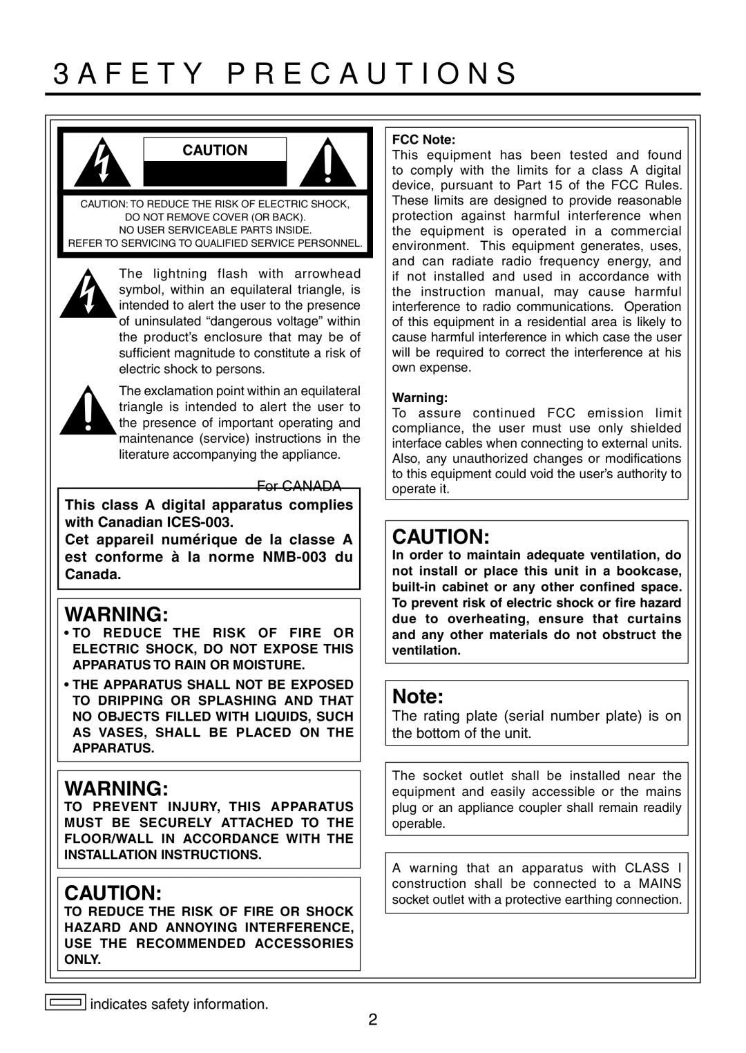 Panasonic AV-HS300 manual Safety precautions, FCC Note 