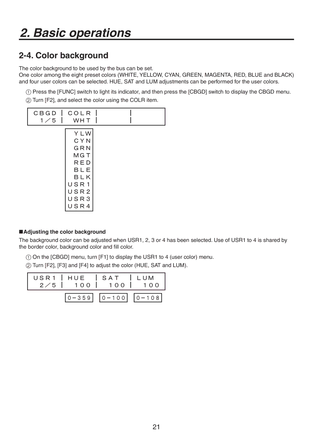 Panasonic AV-HS300 manual Color background, Adjusting the color background 