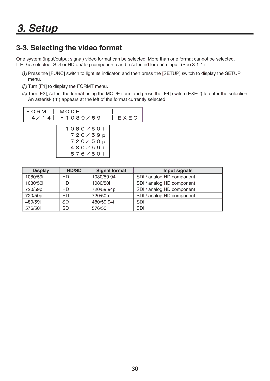 Panasonic AV-HS300 manual Selecting the video format, Display, Signal format Input signals 