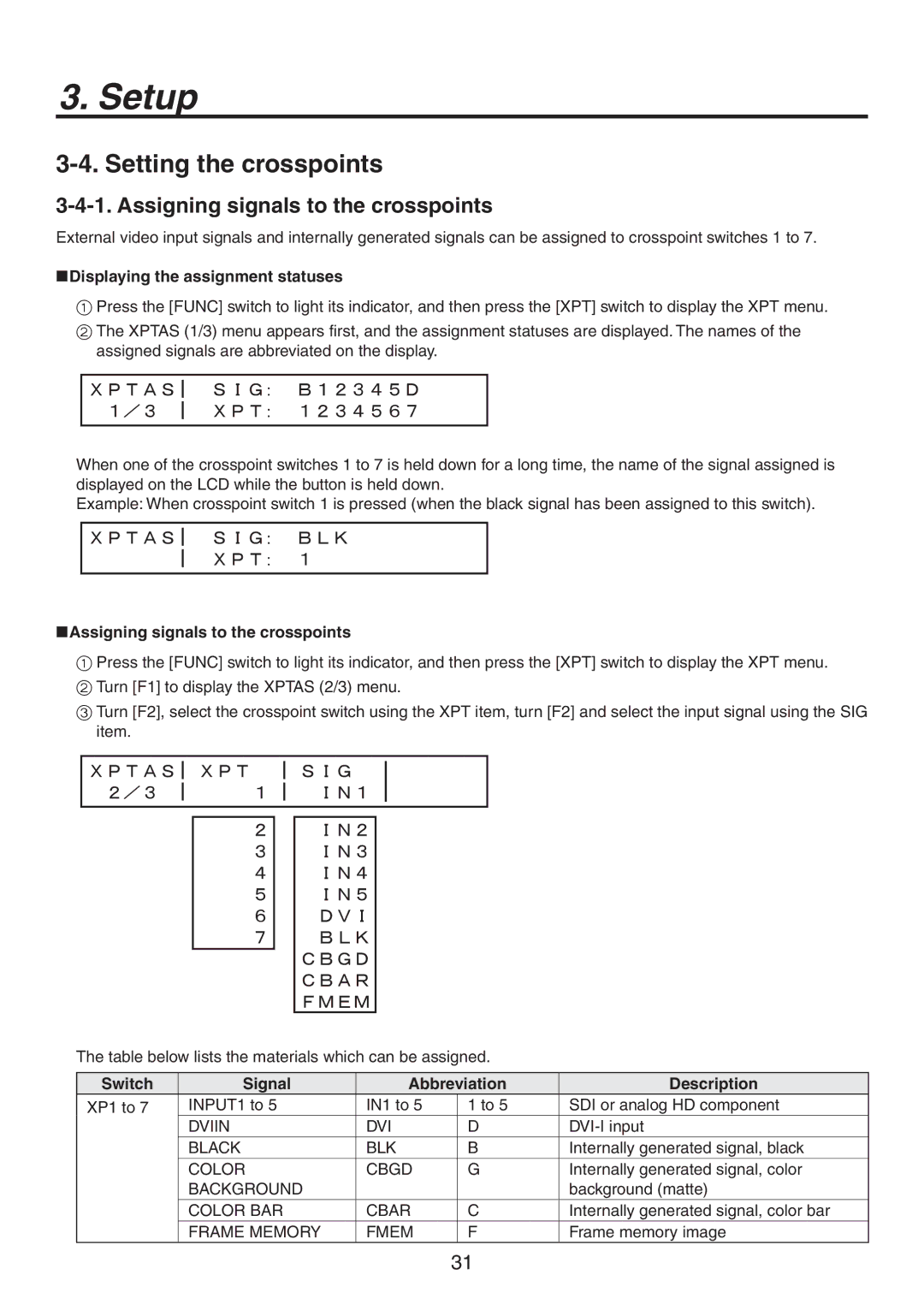 Panasonic AV-HS300 manual Setting the crosspoints, Assigning signals to the crosspoints 