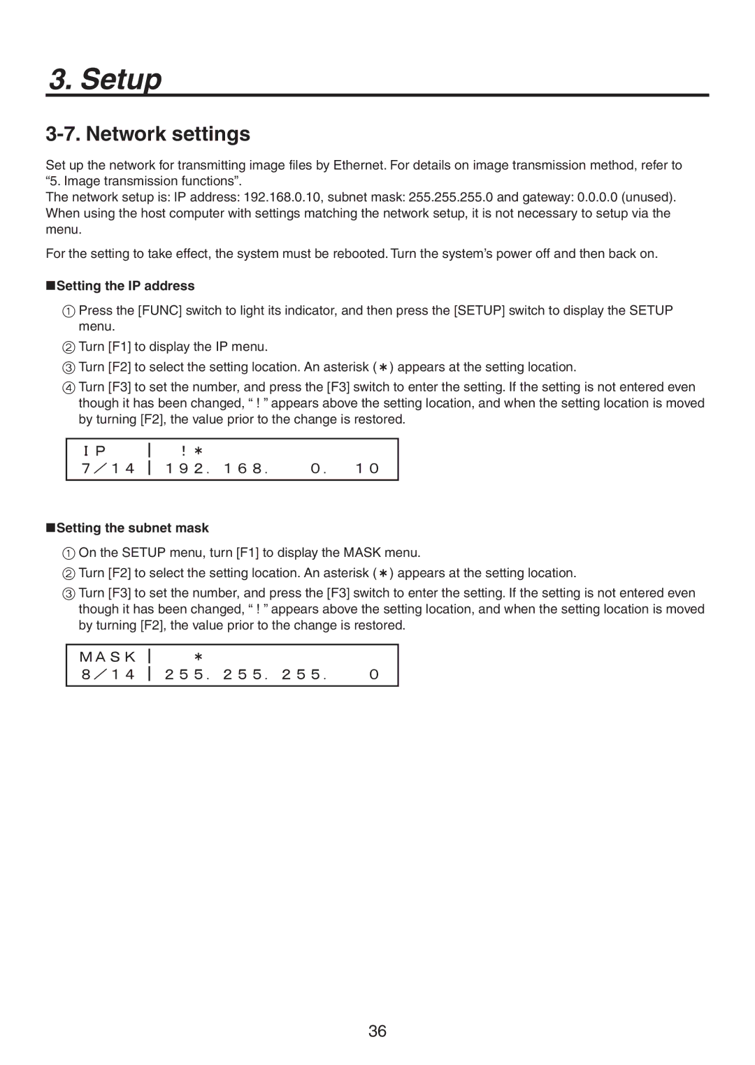 Panasonic AV-HS300 manual Network settings, Ｍａｓｋ, Setting the IP address, Setting the subnet mask 