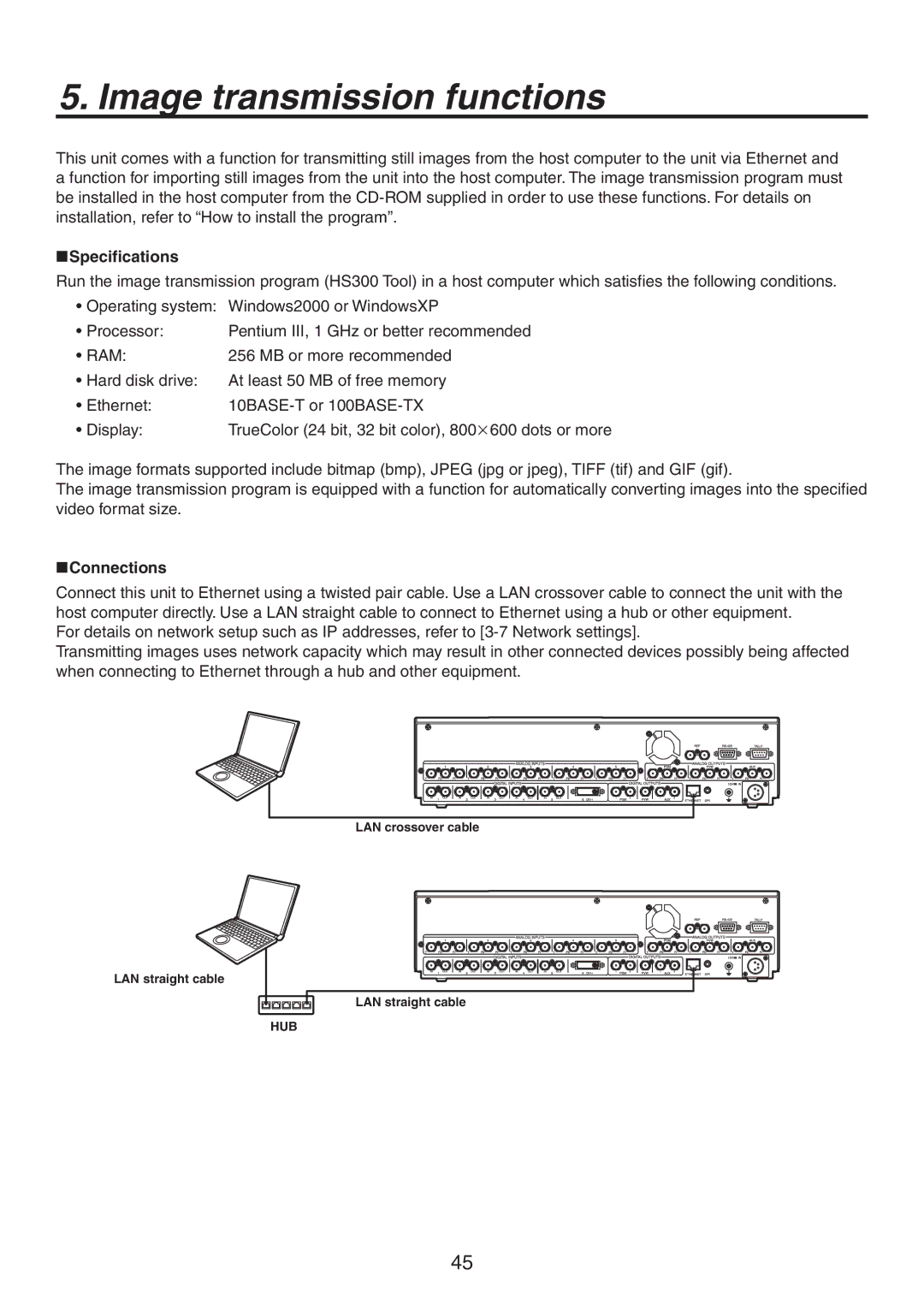 Panasonic AV-HS300 manual Image transmission functions, Specifications, Connections 