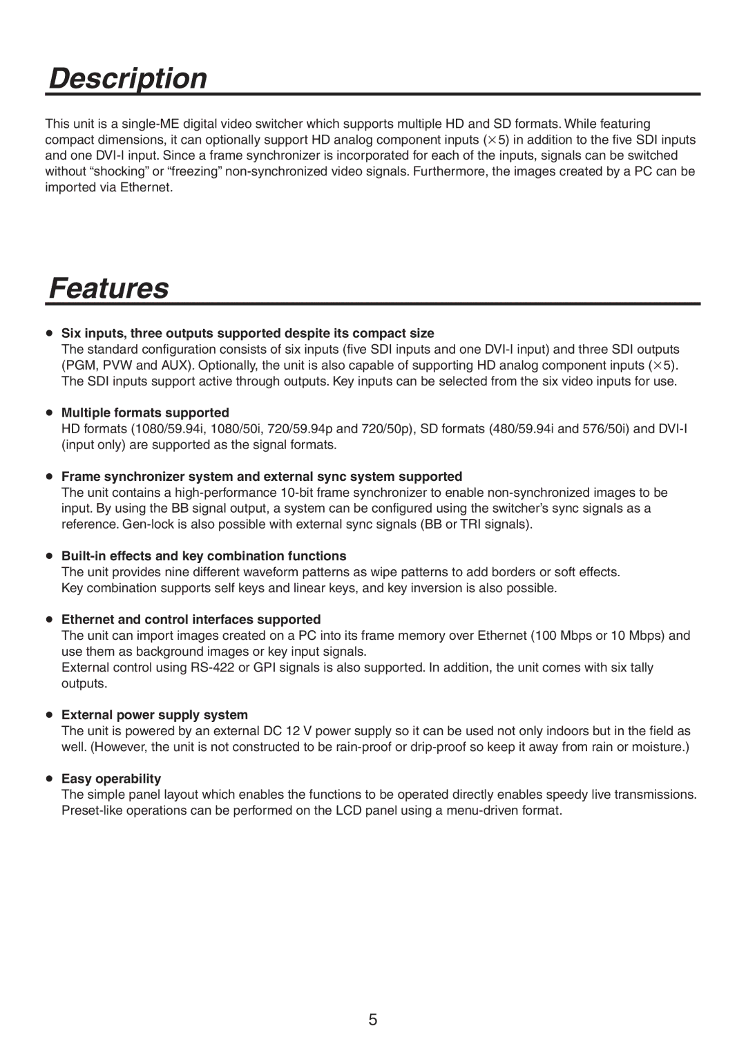 Panasonic AV-HS300 manual Description, Features 