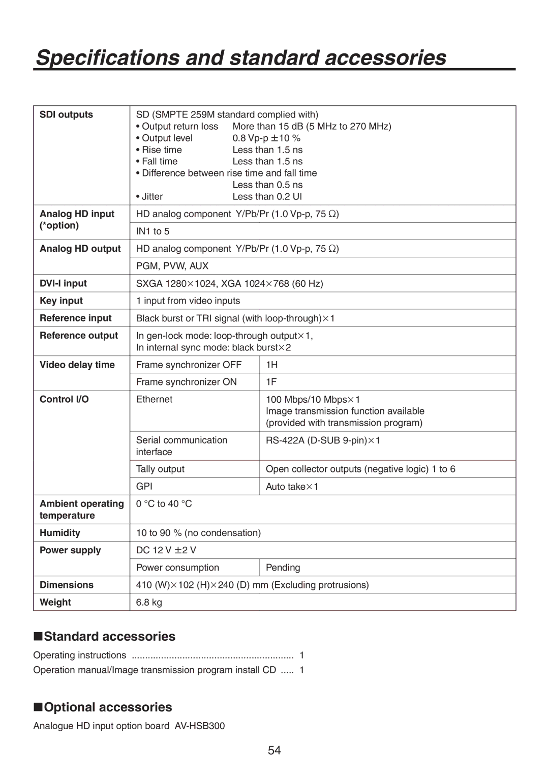 Panasonic AV-HS300 manual Standard accessories, Optional accessories 