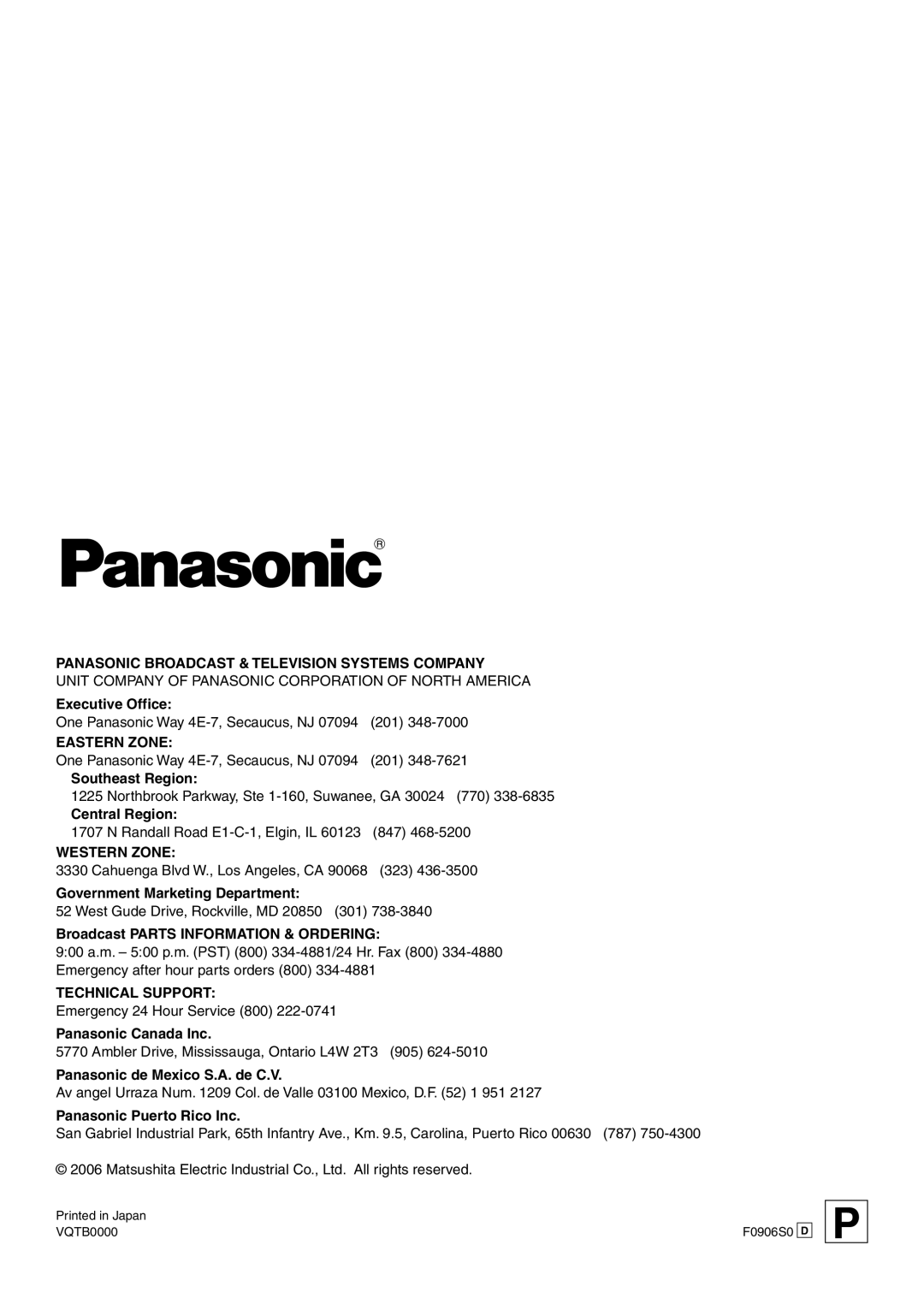 Panasonic AV-HS300 manual Panasonic Broadcast & Television Systems Company 