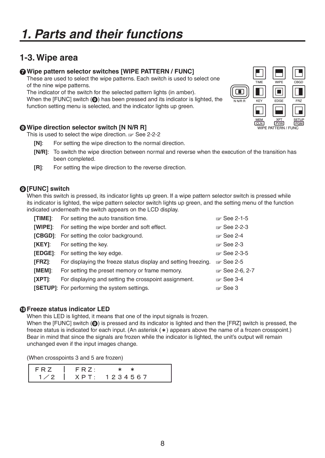 Panasonic AV-HS300 manual Wipe area,  Wipe pattern selector switches Wipe Pattern / Func,  Func switch 