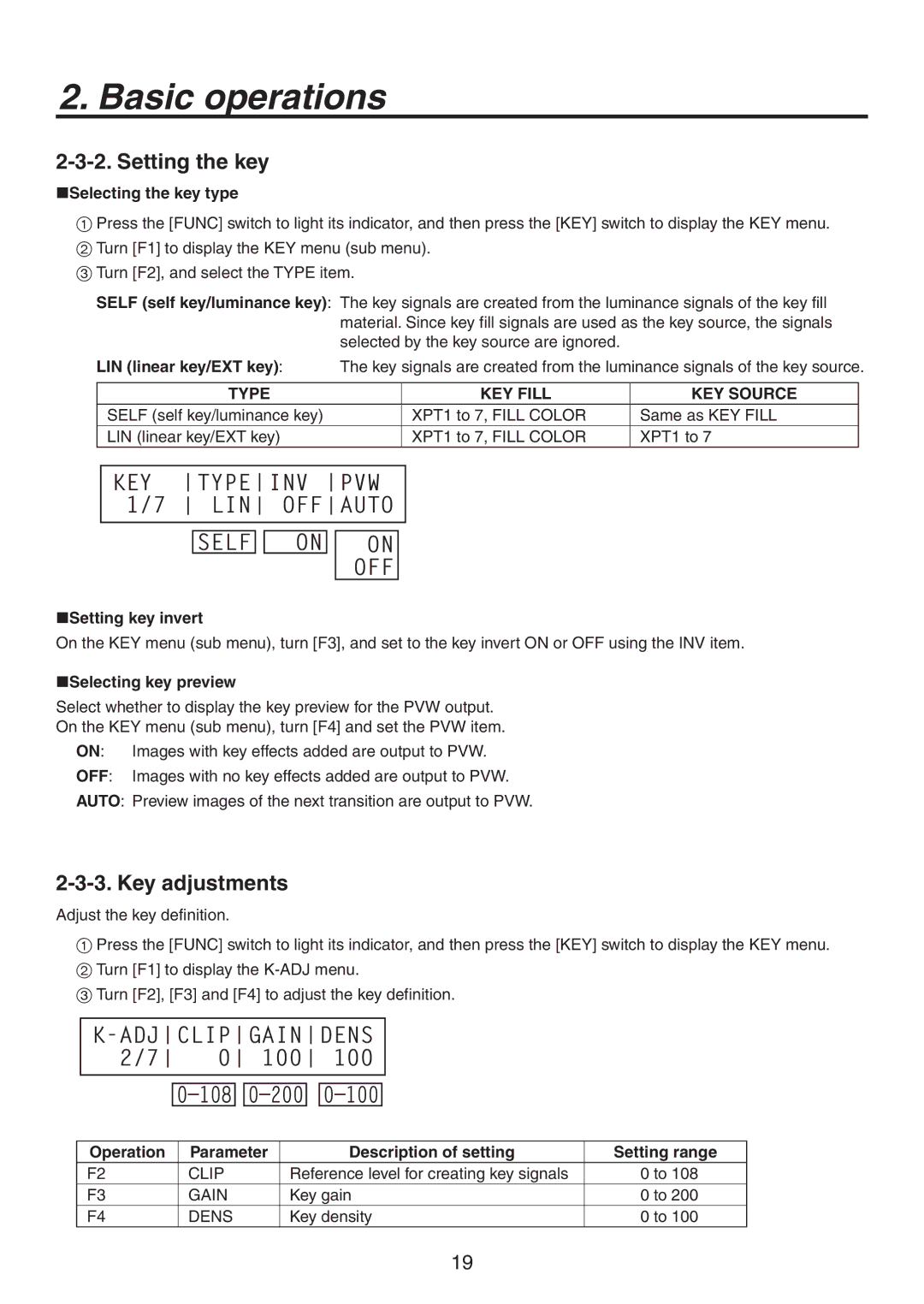 Panasonic AV-HS300G manual 51& */7 178  -*/ 0 0/ 0/ 0, ‰ ‰ ‰, Setting the key, Key adjustments 