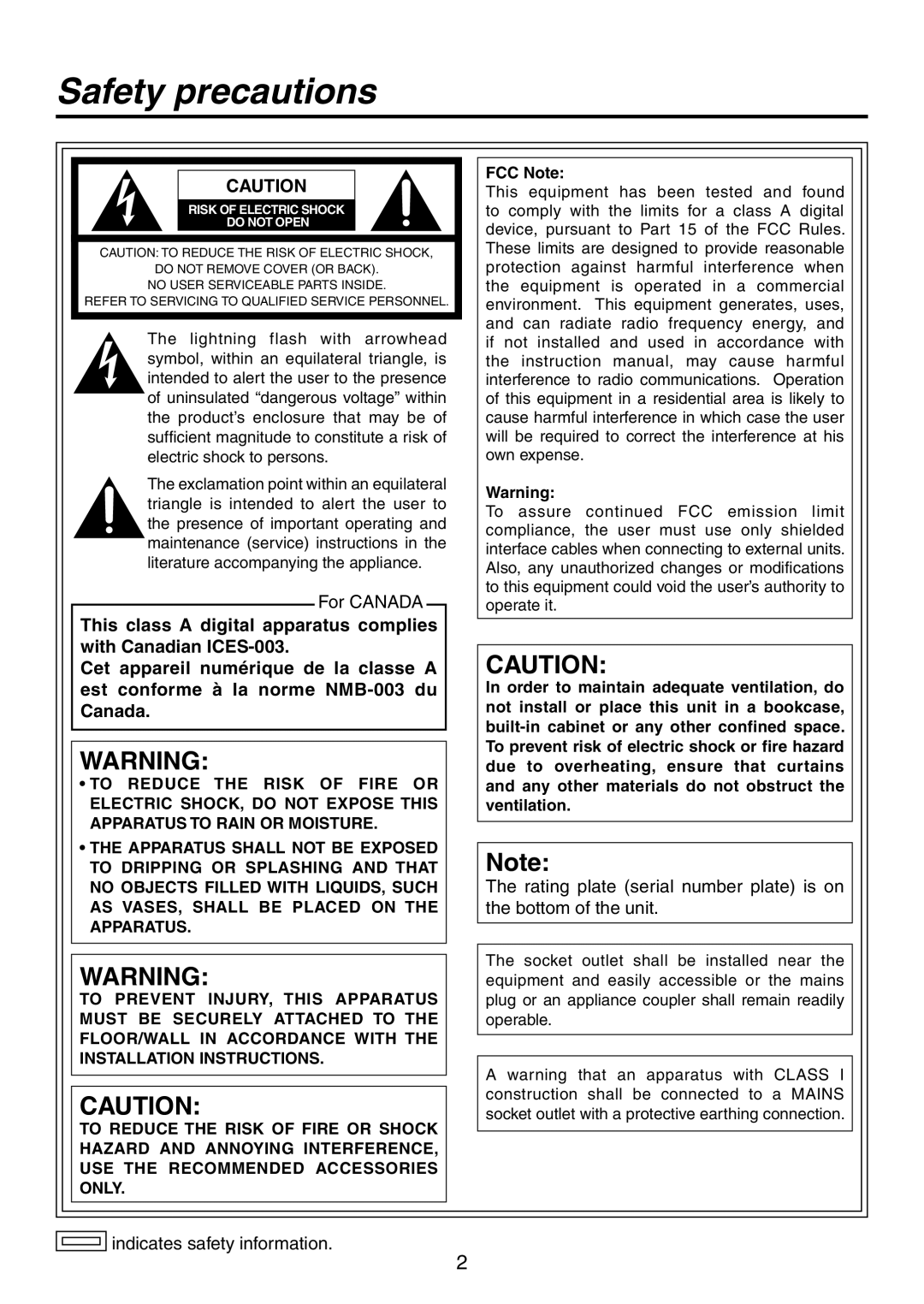 Panasonic AV-HS300G manual Safety precautions, FCC Note 