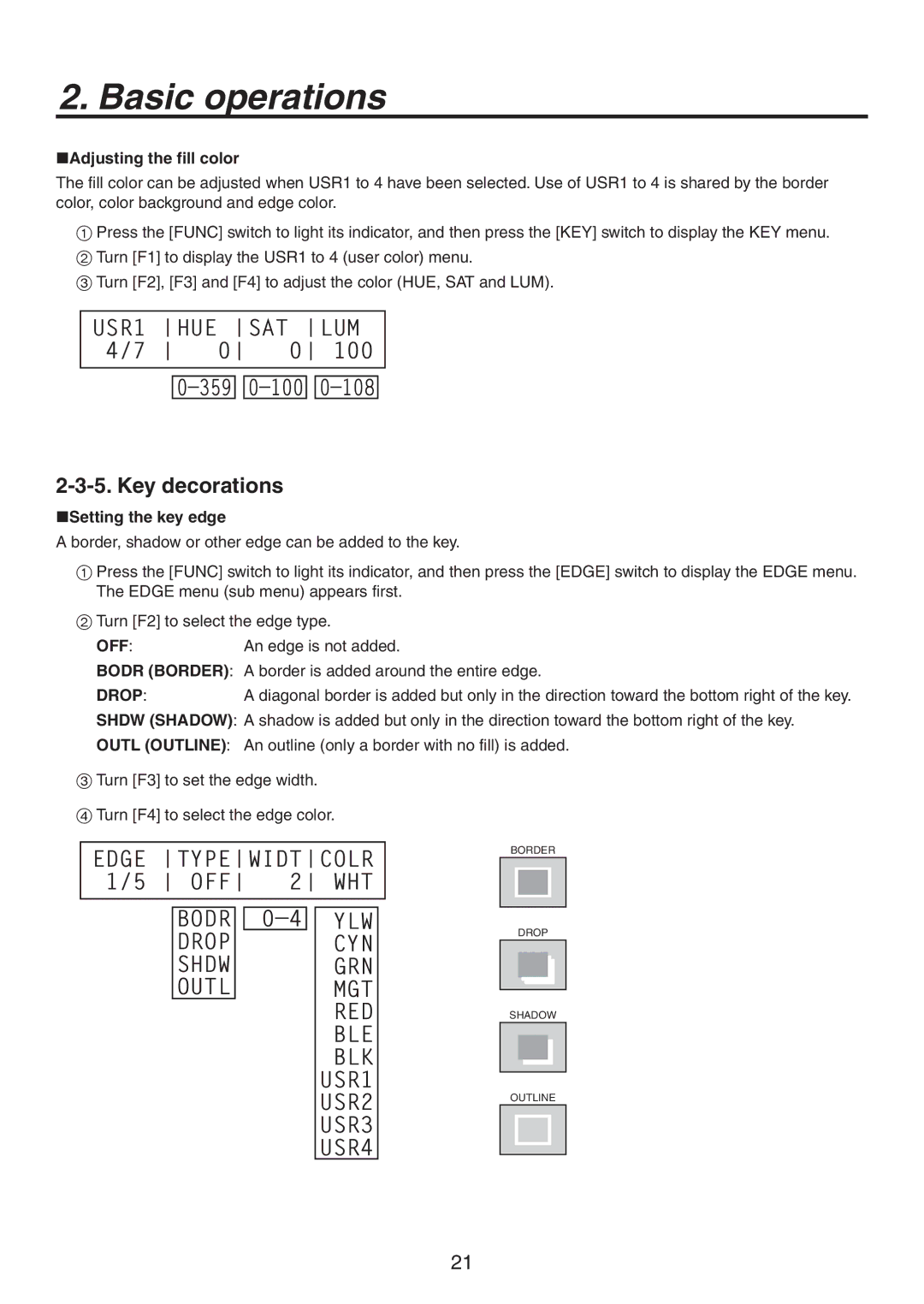 Panasonic AV-HS300G manual 643 6& 45 -6.     ‰ ‰ ‰, Key decorations, Adjusting the fill color 