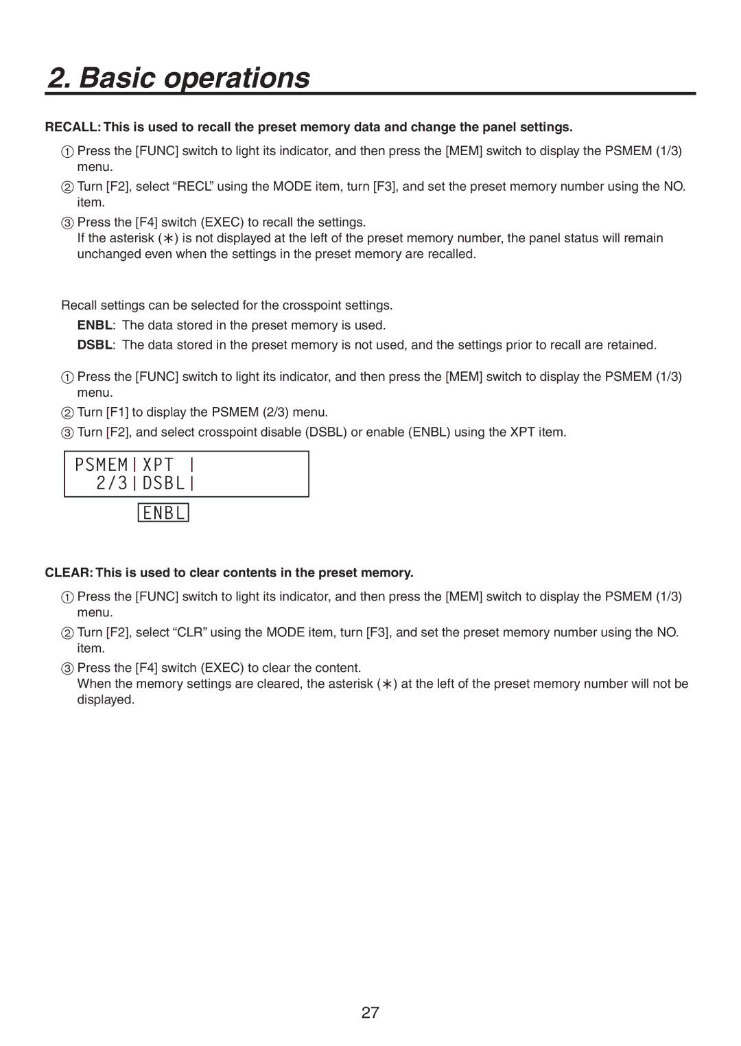 Panasonic AV-HS300G manual 14.&  %4#, Clear This is used to clear contents in the preset memory 