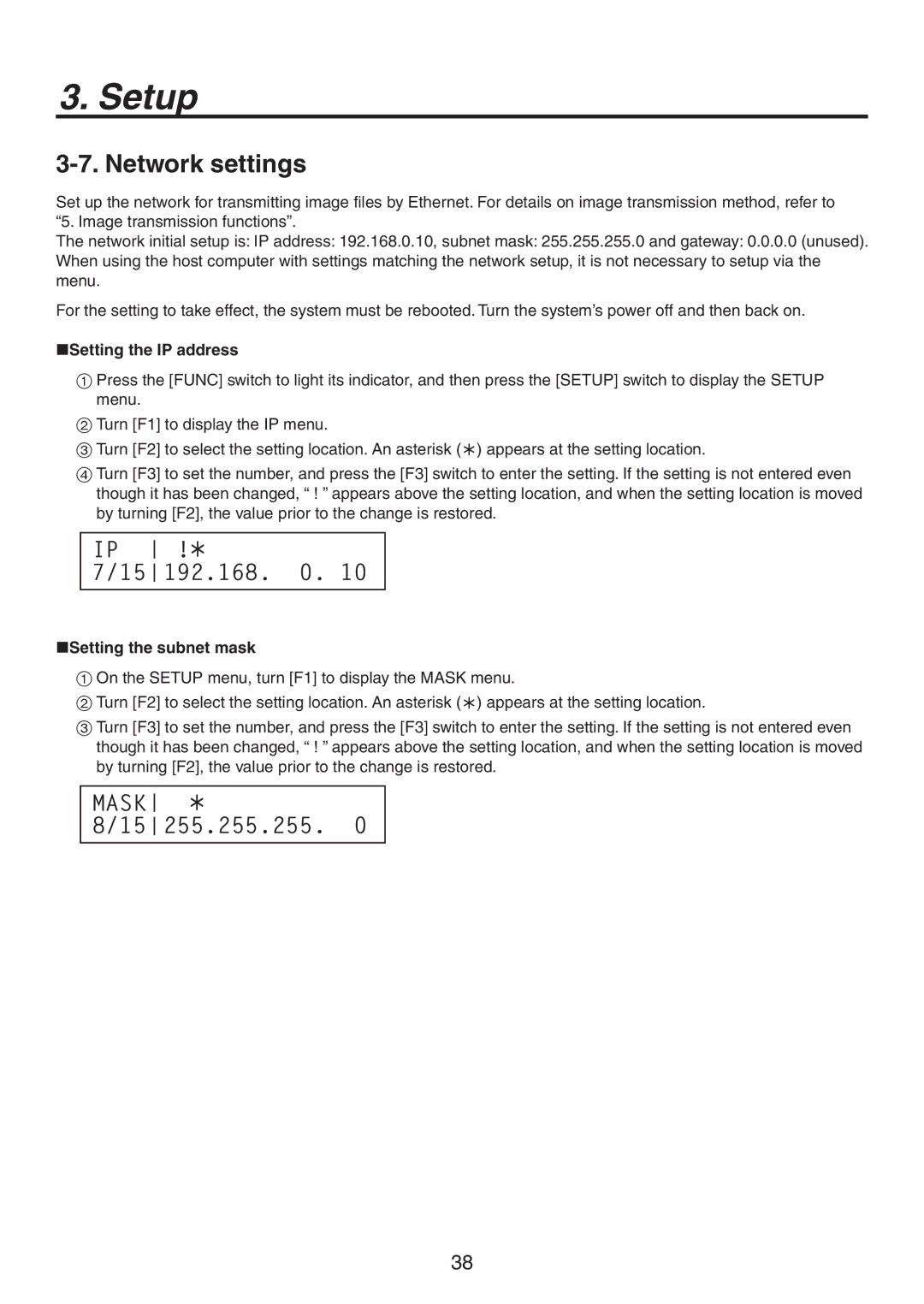 Panasonic AV-HS300G manual Network settings, Setting the IP address, Setting the subnet mask 