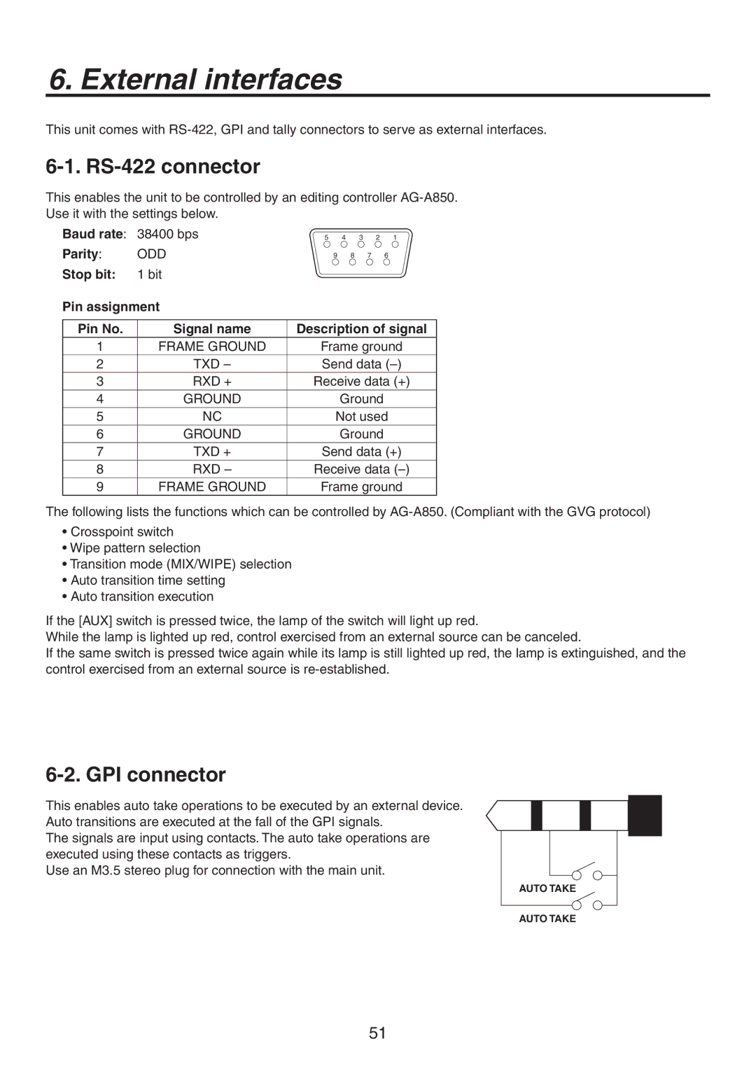 Panasonic AV-HS300G manual External interfaces, RS-422 connector, GPI connector, Parity ODD Stop bit 1 bit Pin assignment 