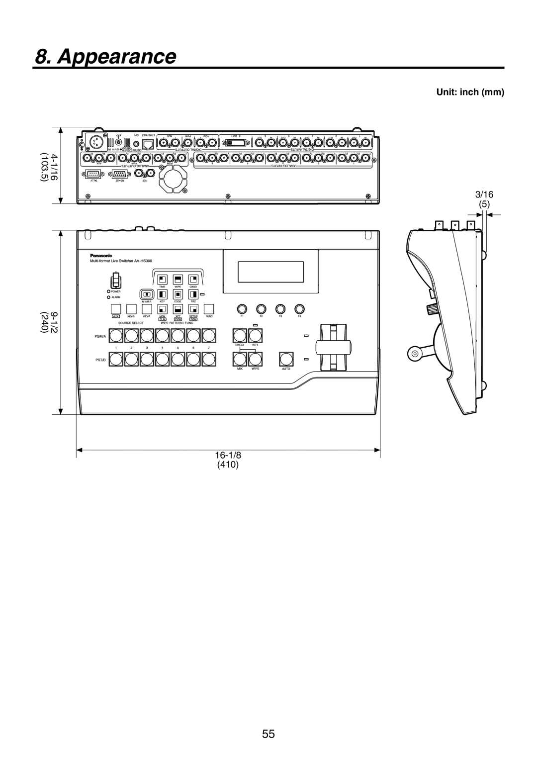 Panasonic AV-HS300G manual Appearance, Unit inch mm 