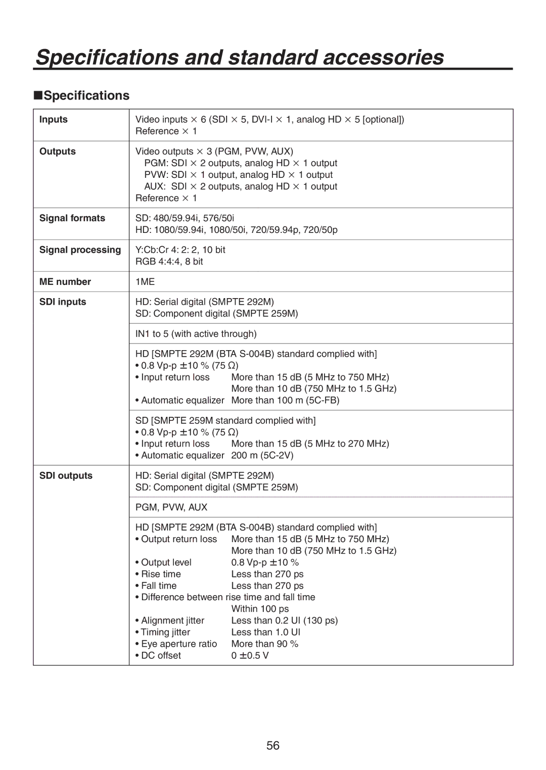 Panasonic AV-HS300G manual Specifications and standard accessories, Specifications 