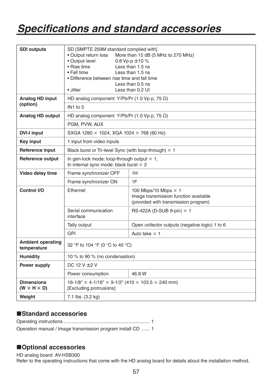 Panasonic AV-HS300G manual Standard accessories, Optional accessories 