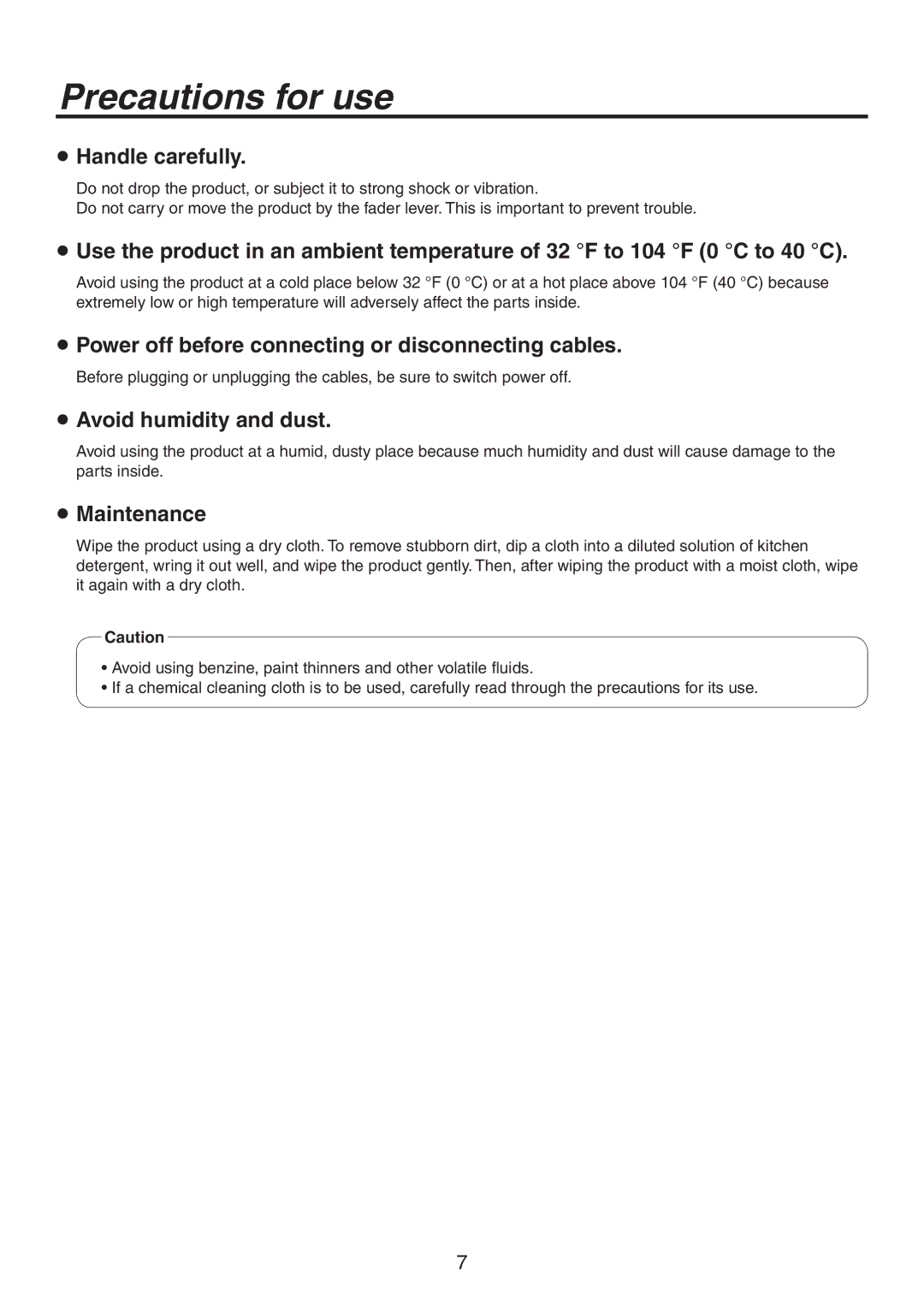 Panasonic AV-HS300G manual Precautions for use,  Handle carefully,  Power off before connecting or disconnecting cables 