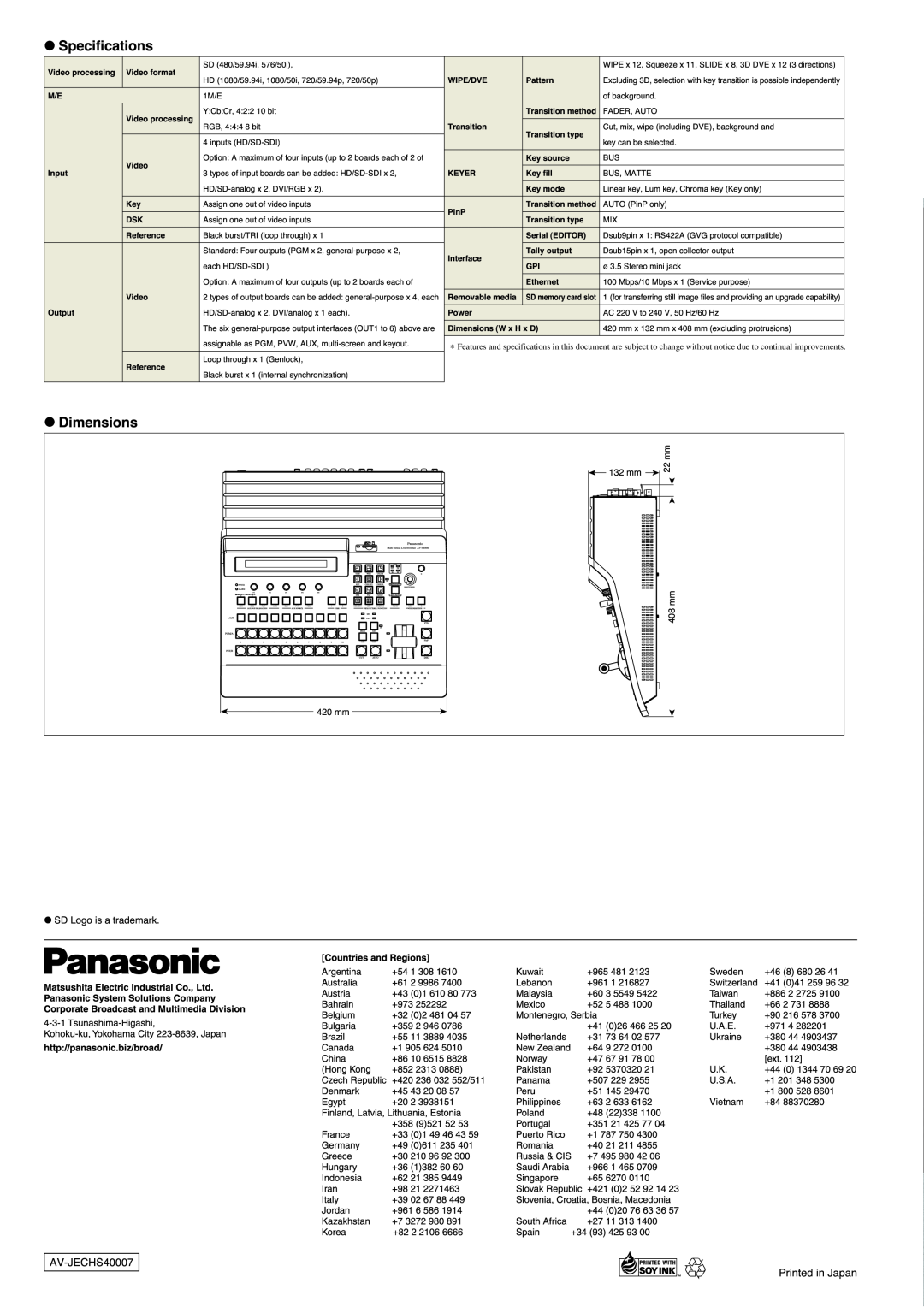 Panasonic AV-HS400 1M/E, Bus,Matte, ofbackground, RGB,4448bit, Fader,Auto, AUTOPinPonly, mm22, eachHD/SD-SDI, Video 
