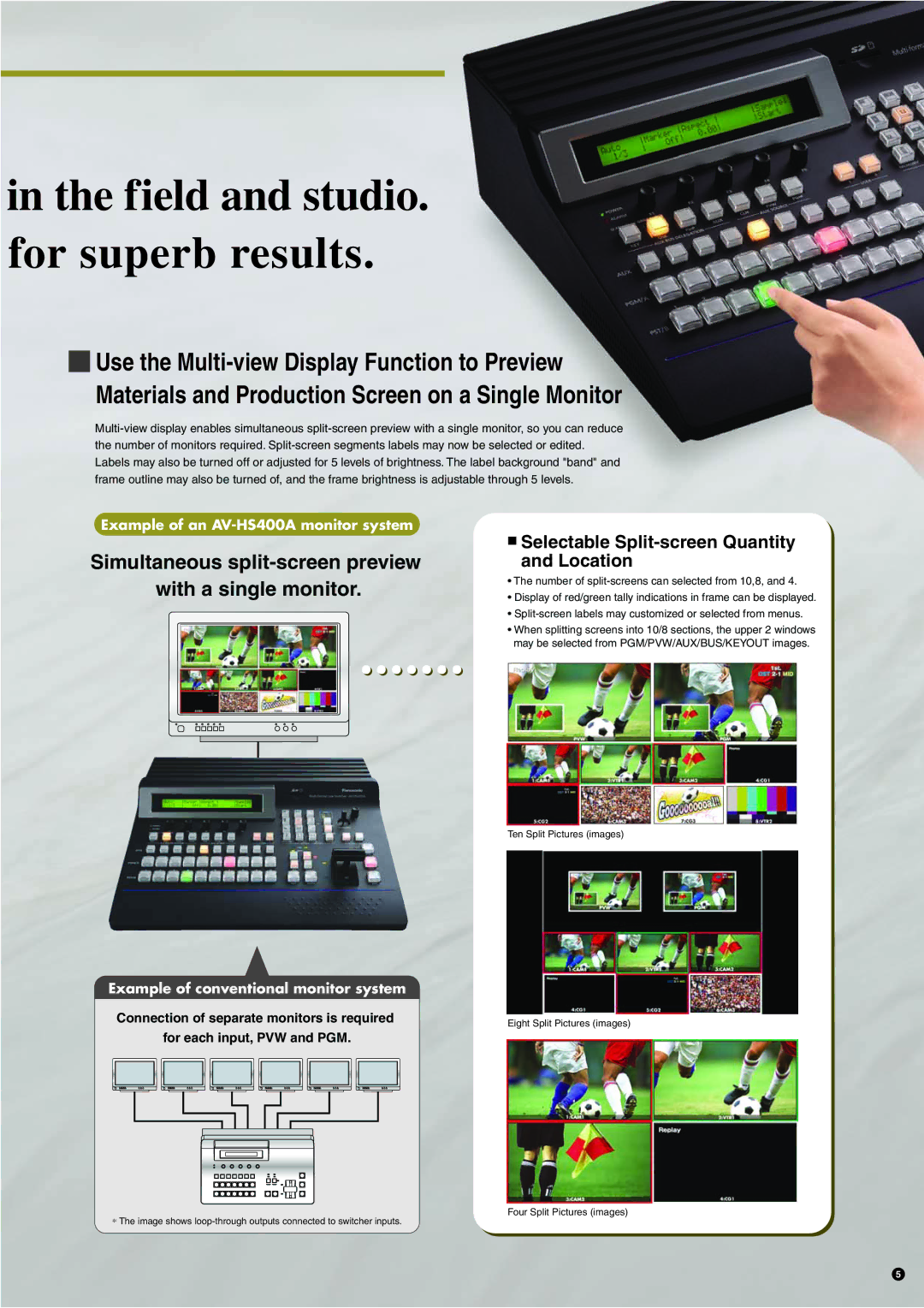 Panasonic AV-HS400A Simultaneous split-screen preview with a single monitor, Selectable Split-screen Quantity and Location 