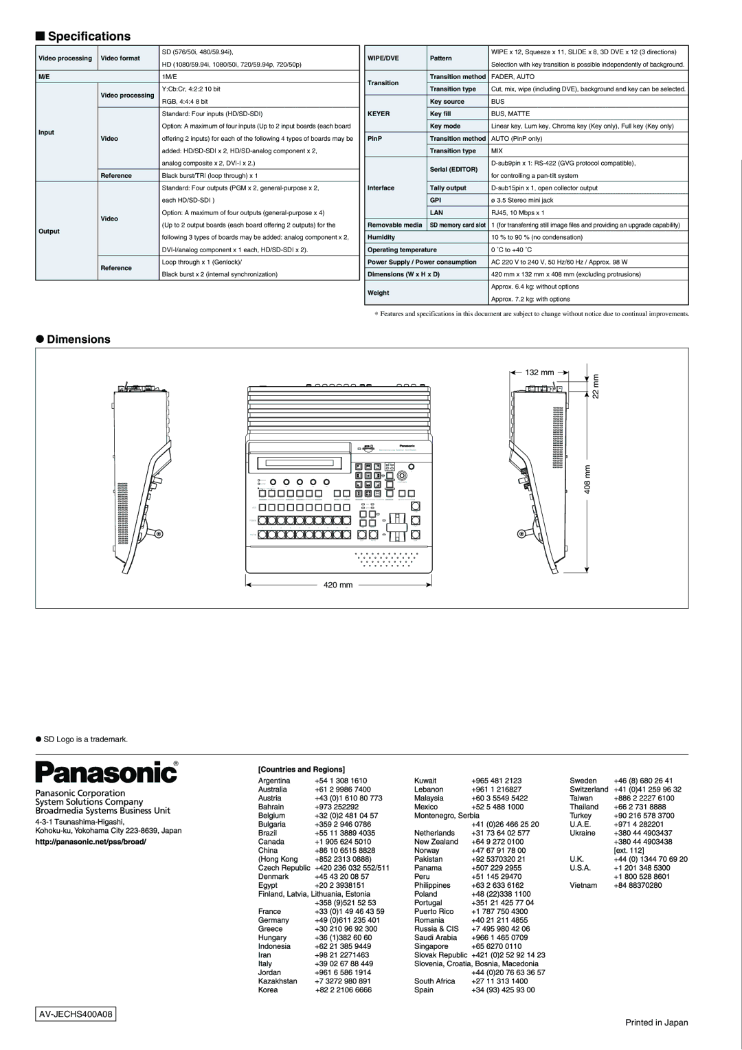 Panasonic AV-HS400A manual Specifications 