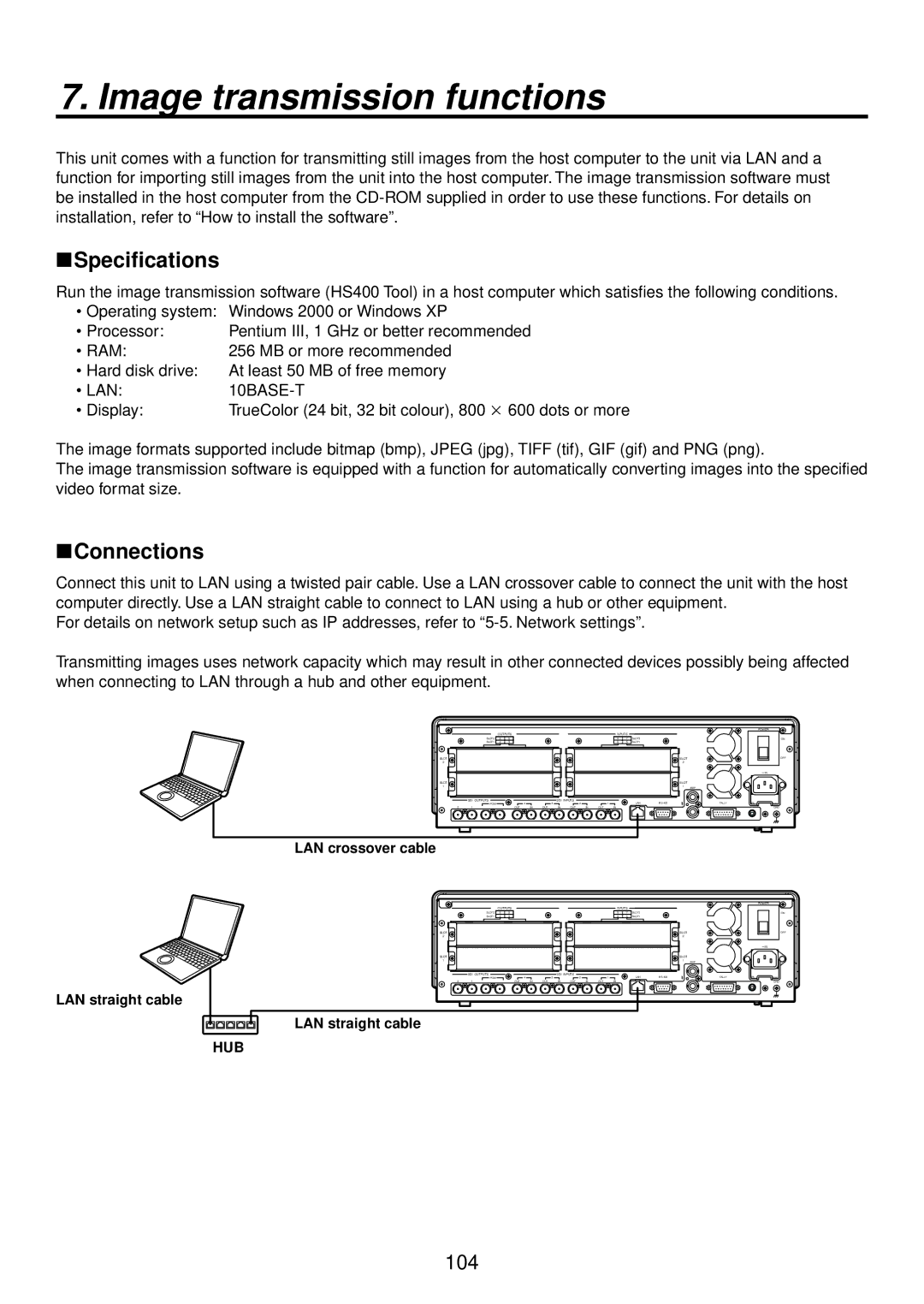 Panasonic AV-HS400AE Image transmission functions, Specifications, Connections, LAN straight cable, LAN crossover cable 