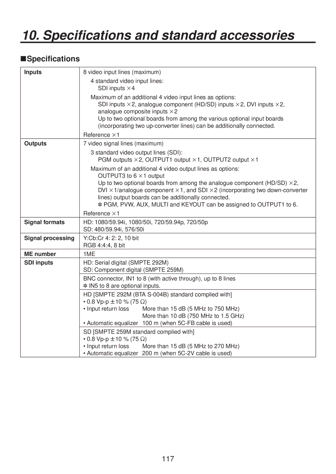 Panasonic AV-HS400AE manual Specifications and standard accessories 