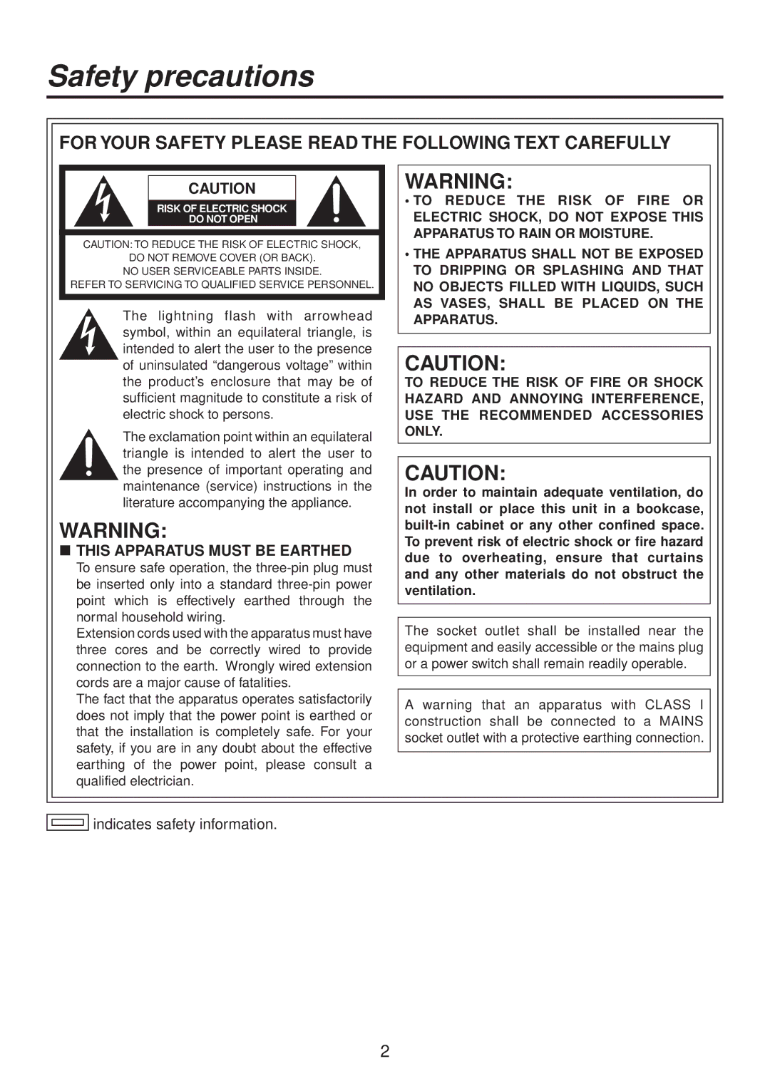 Panasonic AV-HS400AE manual Safety precautions, For Your Safety Please Read the Following Text Carefully 