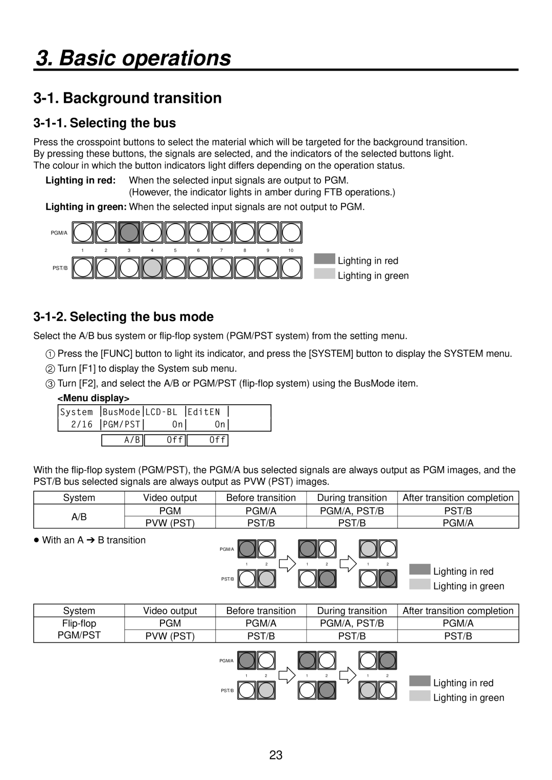 Panasonic AV-HS400AE manual Basic operations, Background transition, Selecting the bus mode, Menu display 