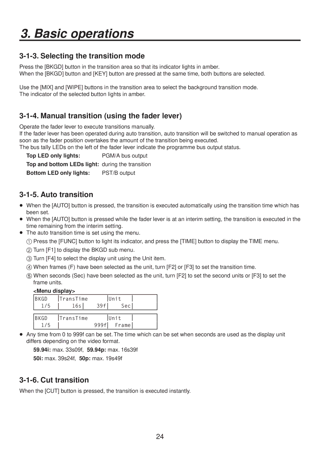 Panasonic AV-HS400AE manual Selecting the transition mode, Manual transition using the fader lever, Auto transition 