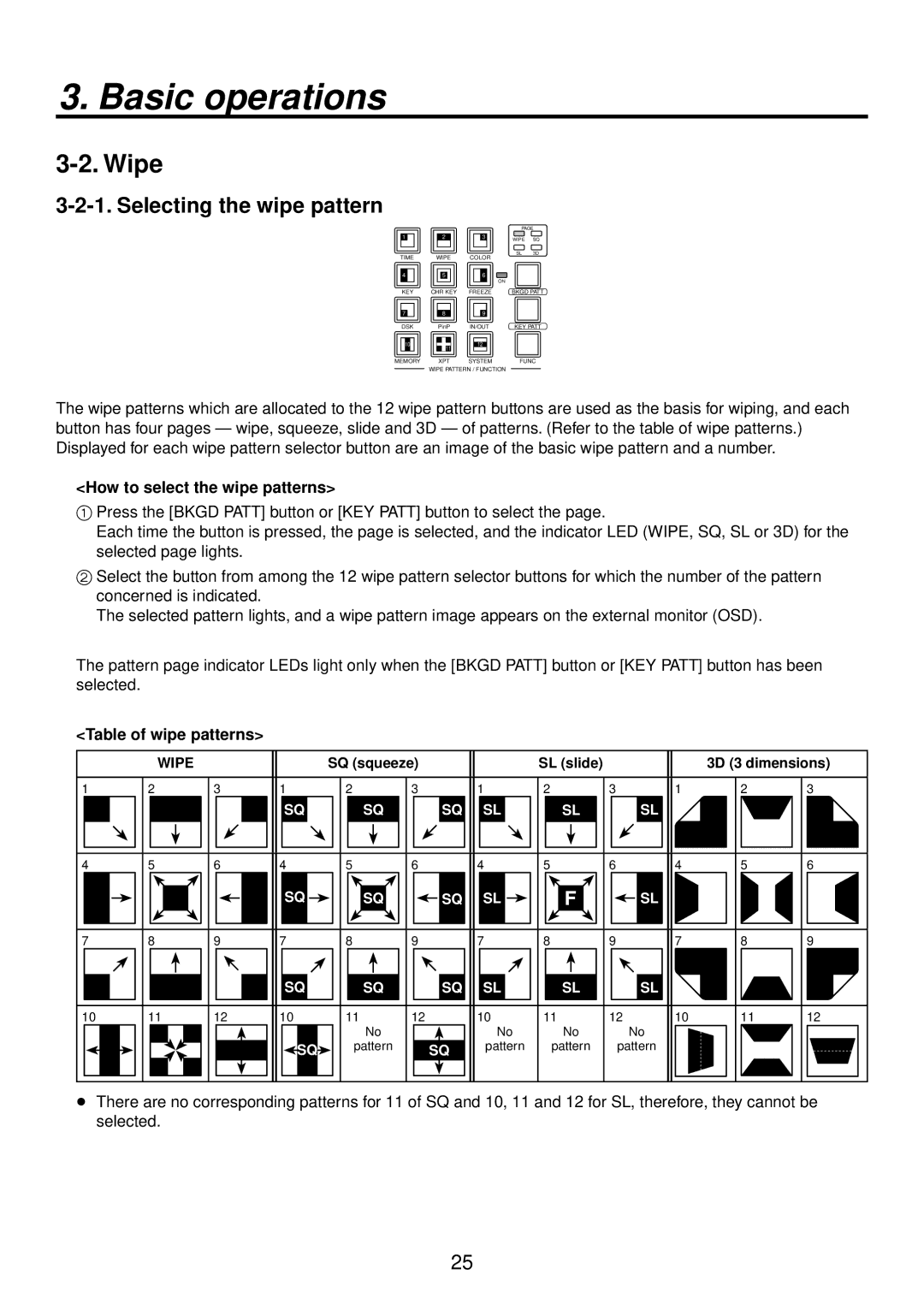 Panasonic AV-HS400AE manual Wipe, Selecting the wipe pattern, How to select the wipe patterns, Table of wipe patterns 