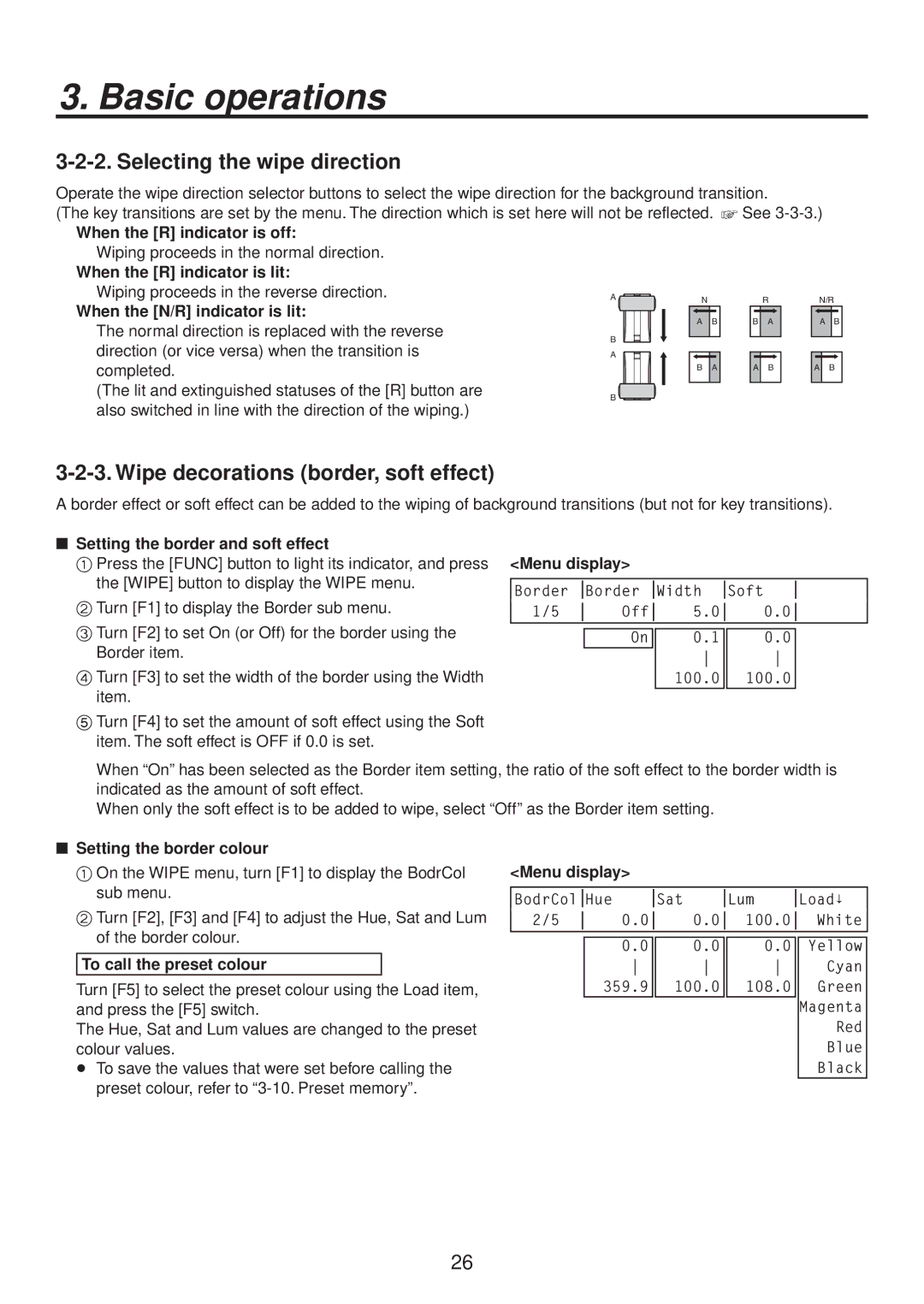 Panasonic AV-HS400AE manual Selecting the wipe direction, Wipe decorations border, soft effect,  Setting the border colour 