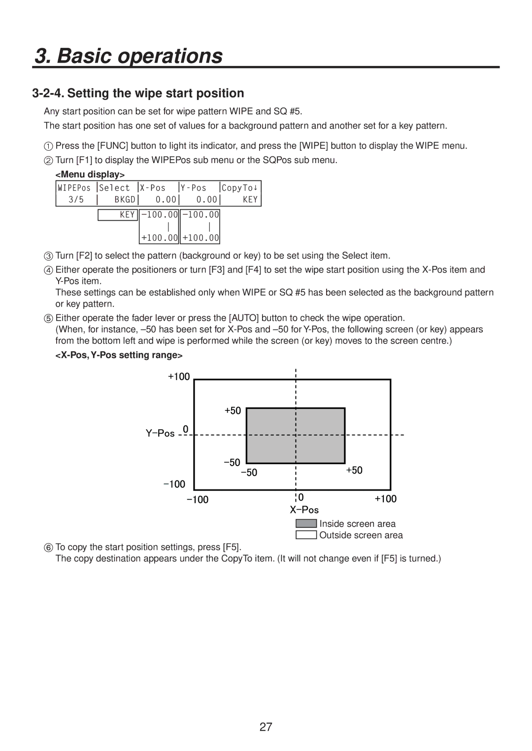 Panasonic AV-HS400AE manual Setting the wipe start position, Pos, Y-Pos setting range 