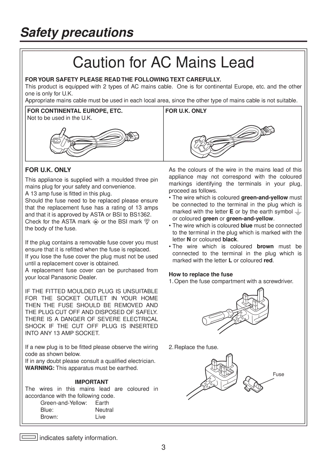 Panasonic AV-HS400AE manual For Your Safety Please Read the Following Text Carefully, How to replace the fuse 