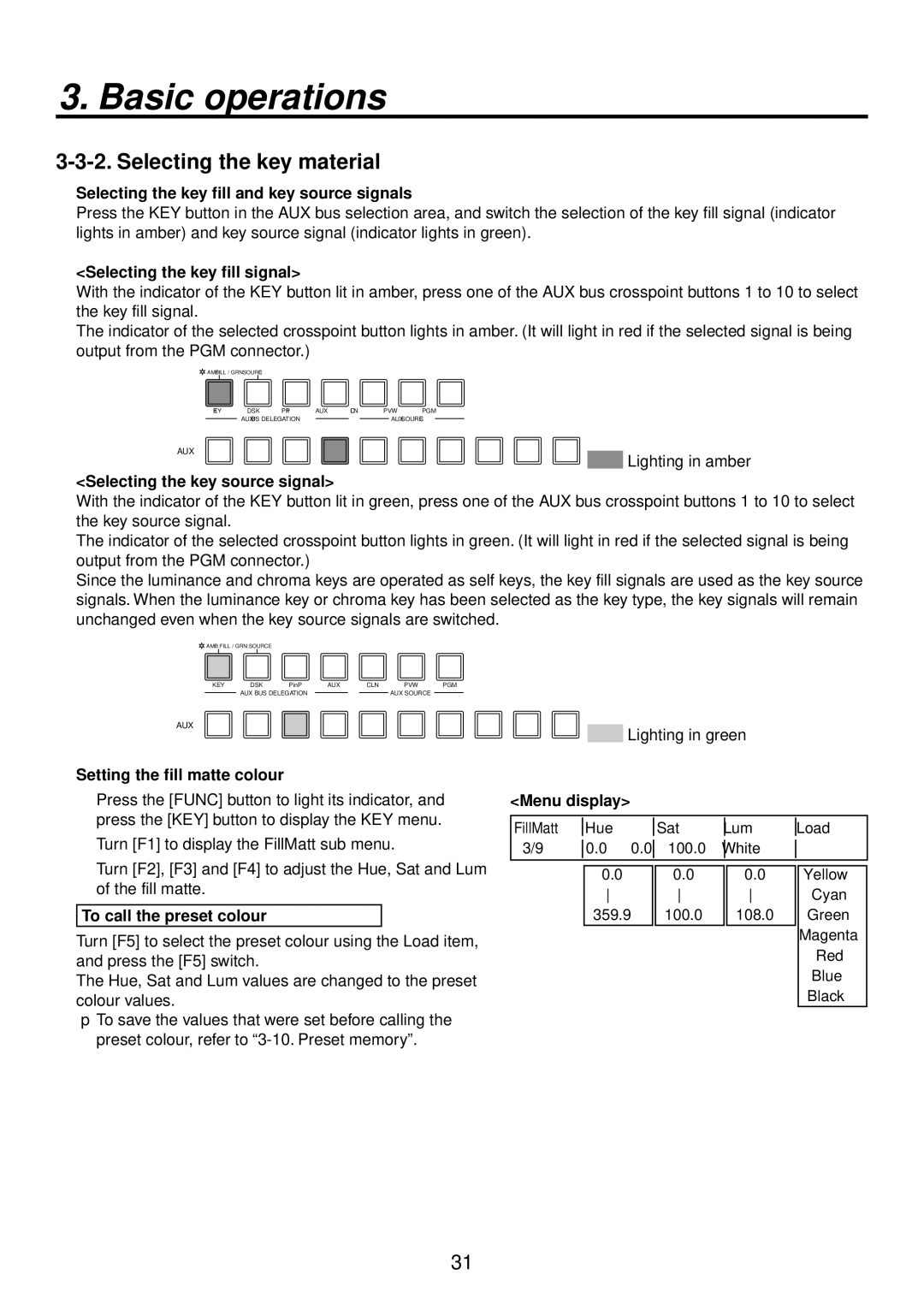 Panasonic AV-HS400AE manual Selecting the key material,  Selecting the key fill and key source signals 