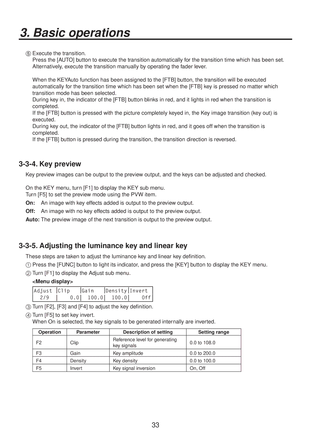 Panasonic AV-HS400AE manual Key preview, Adjusting the luminance key and linear key 