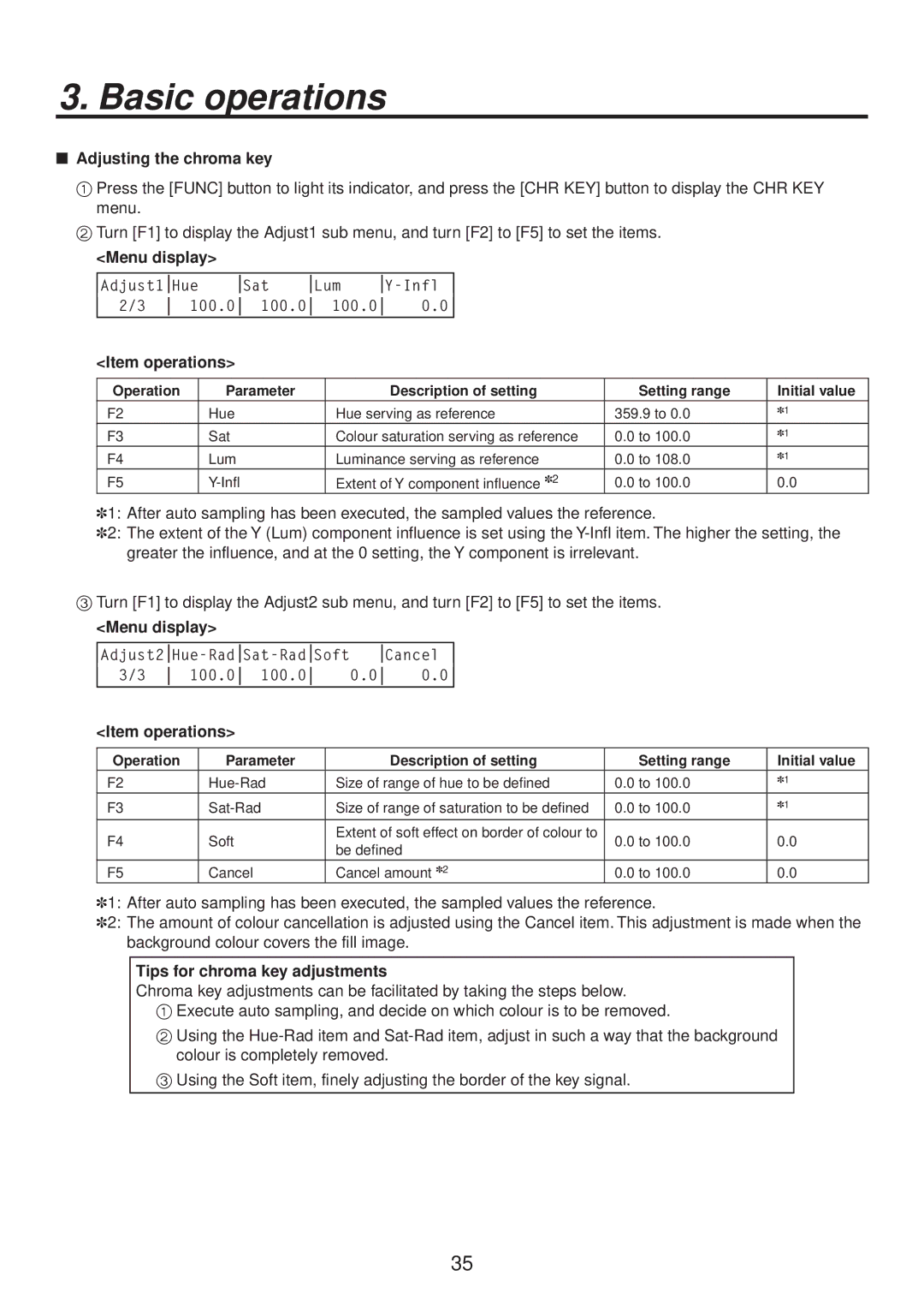 Panasonic AV-HS400AE manual  Adjusting the chroma key, Item operations, Tips for chroma key adjustments 