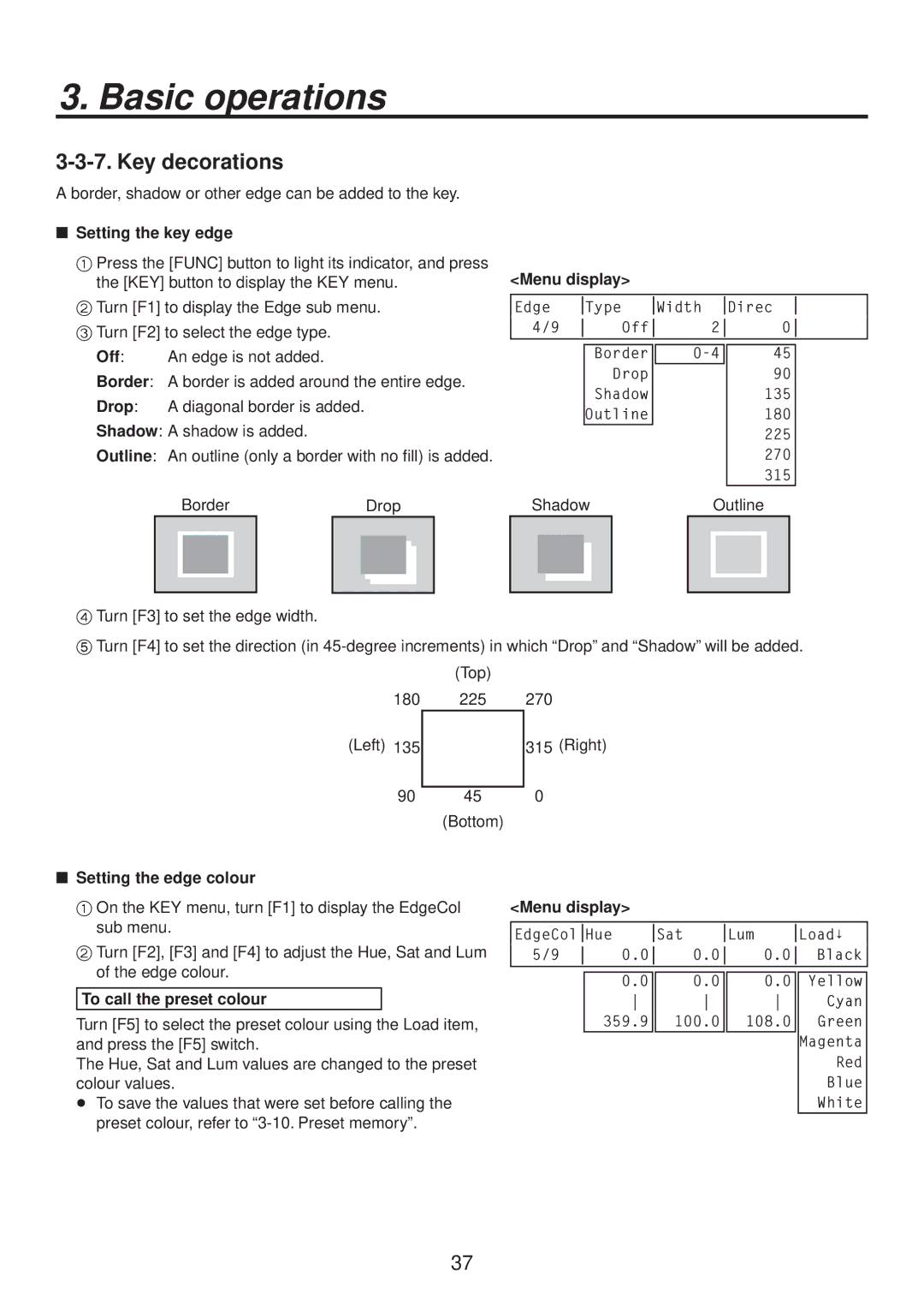 Panasonic AV-HS400AE manual Key decorations,  Setting the key edge,  Setting the edge colour 