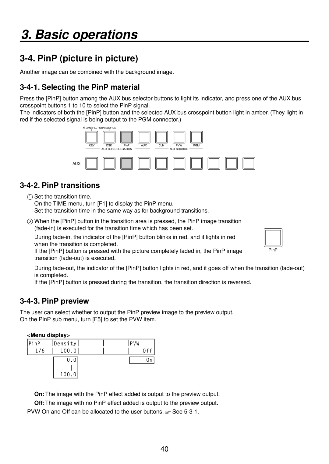 Panasonic AV-HS400AE manual PinP picture in picture, Selecting the PinP material, PinP transitions, PinP preview 