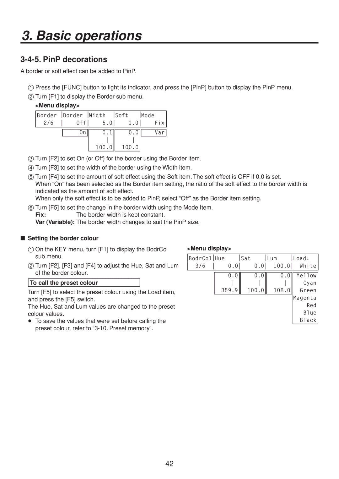 Panasonic AV-HS400AE manual PinP decorations,  Setting the border colour 