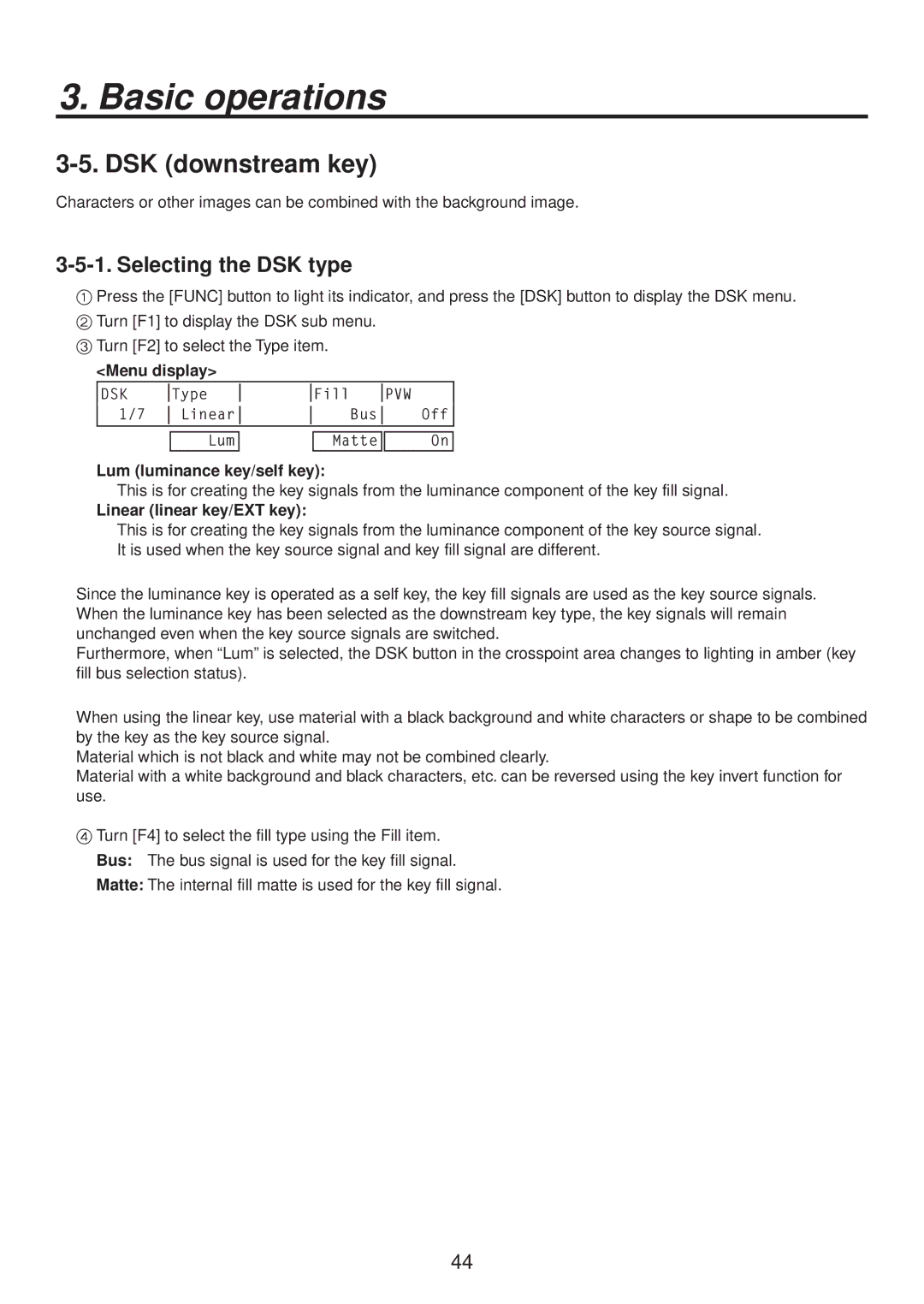 Panasonic AV-HS400AE manual DSK downstream key, Selecting the DSK type 