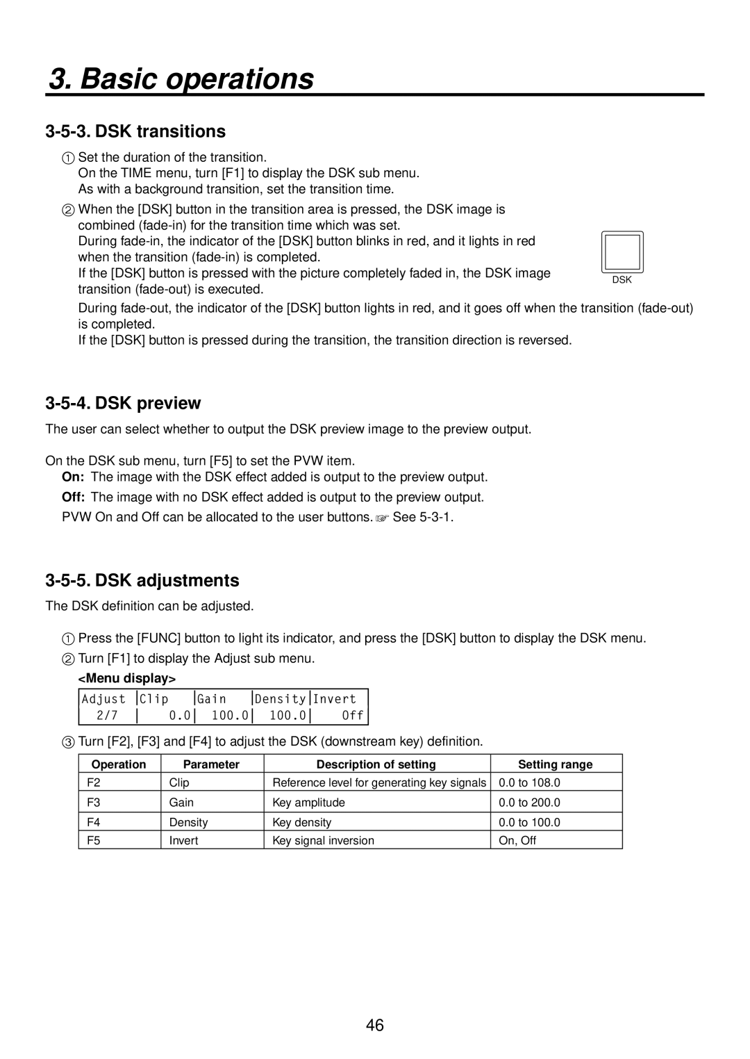 Panasonic AV-HS400AE manual DSK transitions, DSK preview, DSK adjustments 