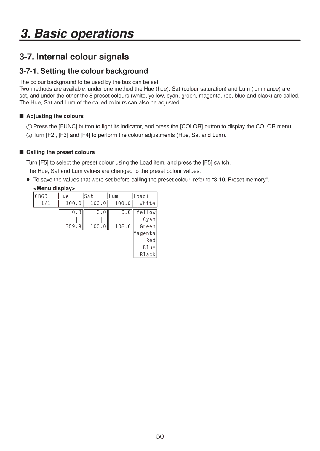 Panasonic AV-HS400AE manual Internal colour signals, Setting the colour background,  Adjusting the colours 