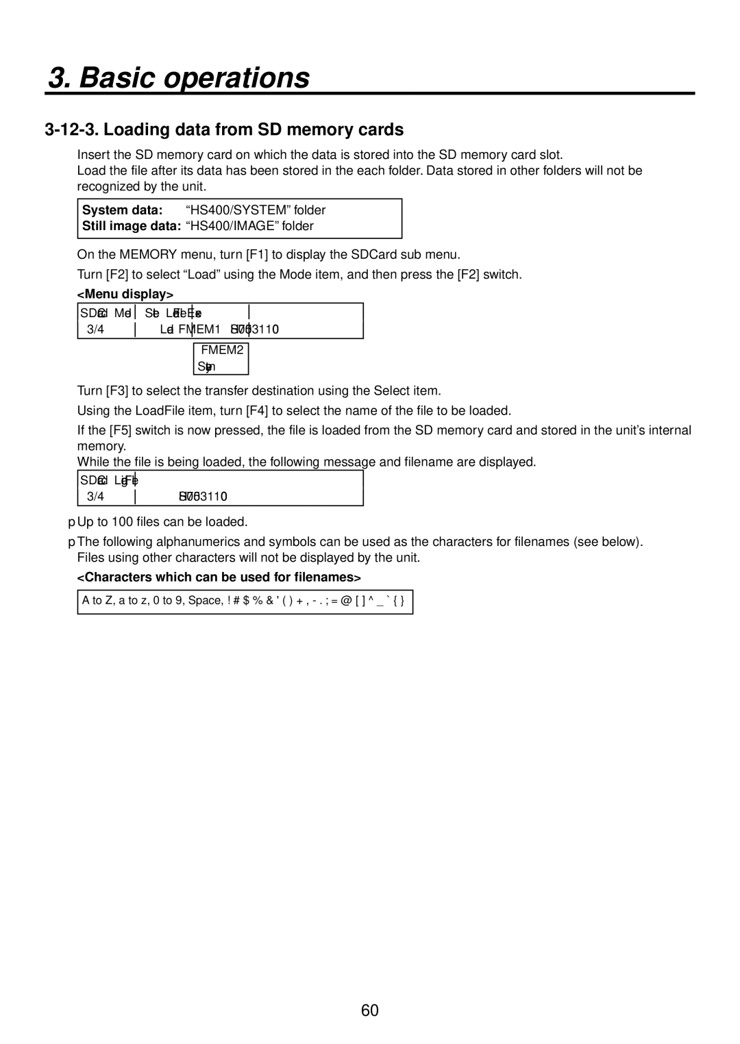 Panasonic AV-HS400AE manual Loading data from SD memory cards, Characters which can be used for filenames 