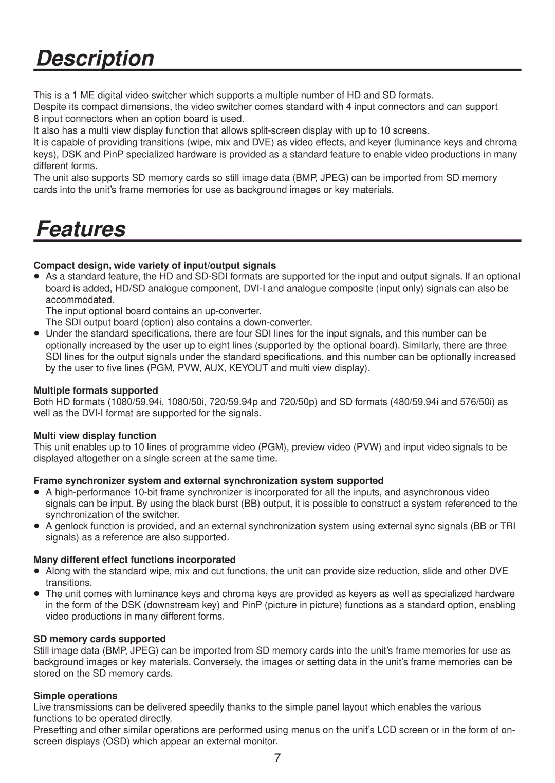 Panasonic AV-HS400AE manual Description, Features 