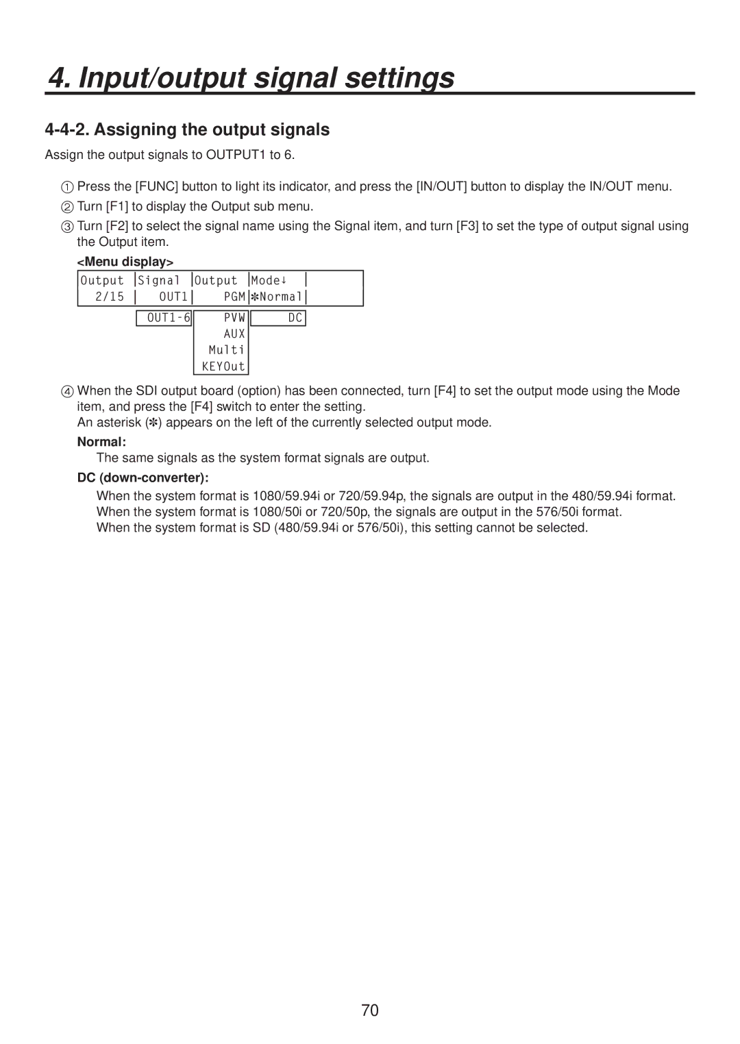 Panasonic AV-HS400AE manual Assigning the output signals, Normal, DC down-converter 