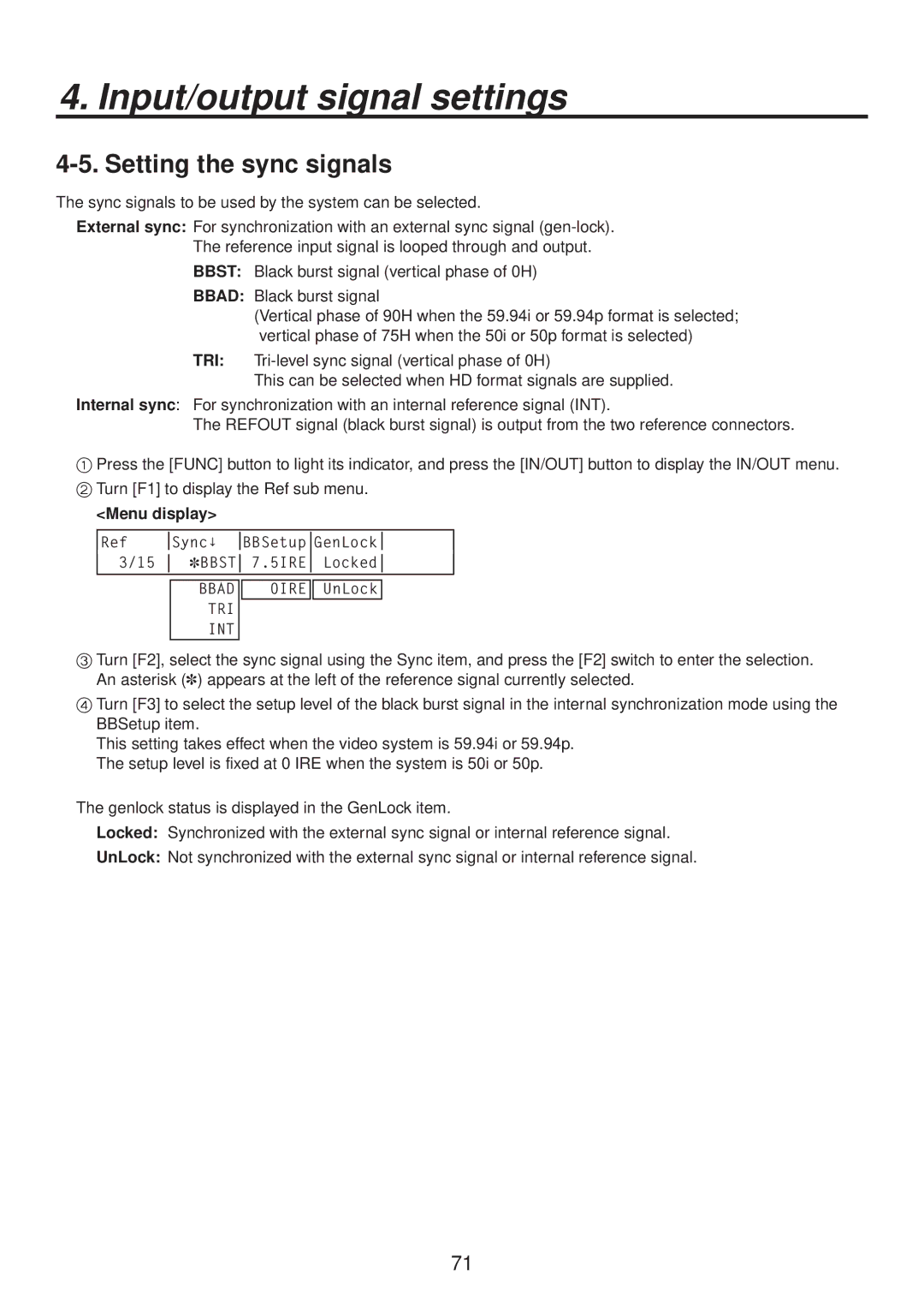 Panasonic AV-HS400AE manual Setting the sync signals 