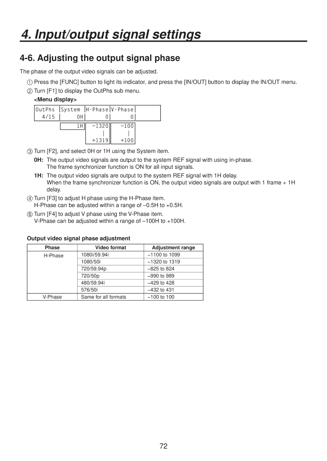 Panasonic AV-HS400AE manual Adjusting the output signal phase, Output video signal phase adjustment 