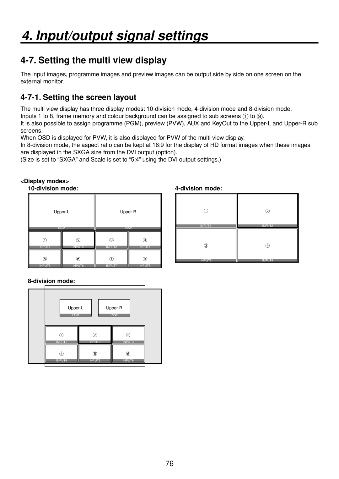 Panasonic AV-HS400AE manual Setting the multi view display, Setting the screen layout, Display modes Division mode 