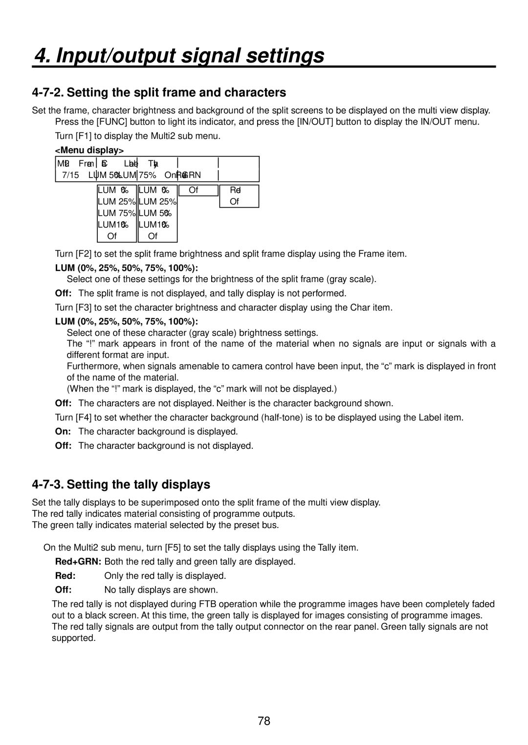 Panasonic AV-HS400AE manual Setting the split frame and characters, Setting the tally displays, LUM 0%, 25%, 50%, 75%, 100% 