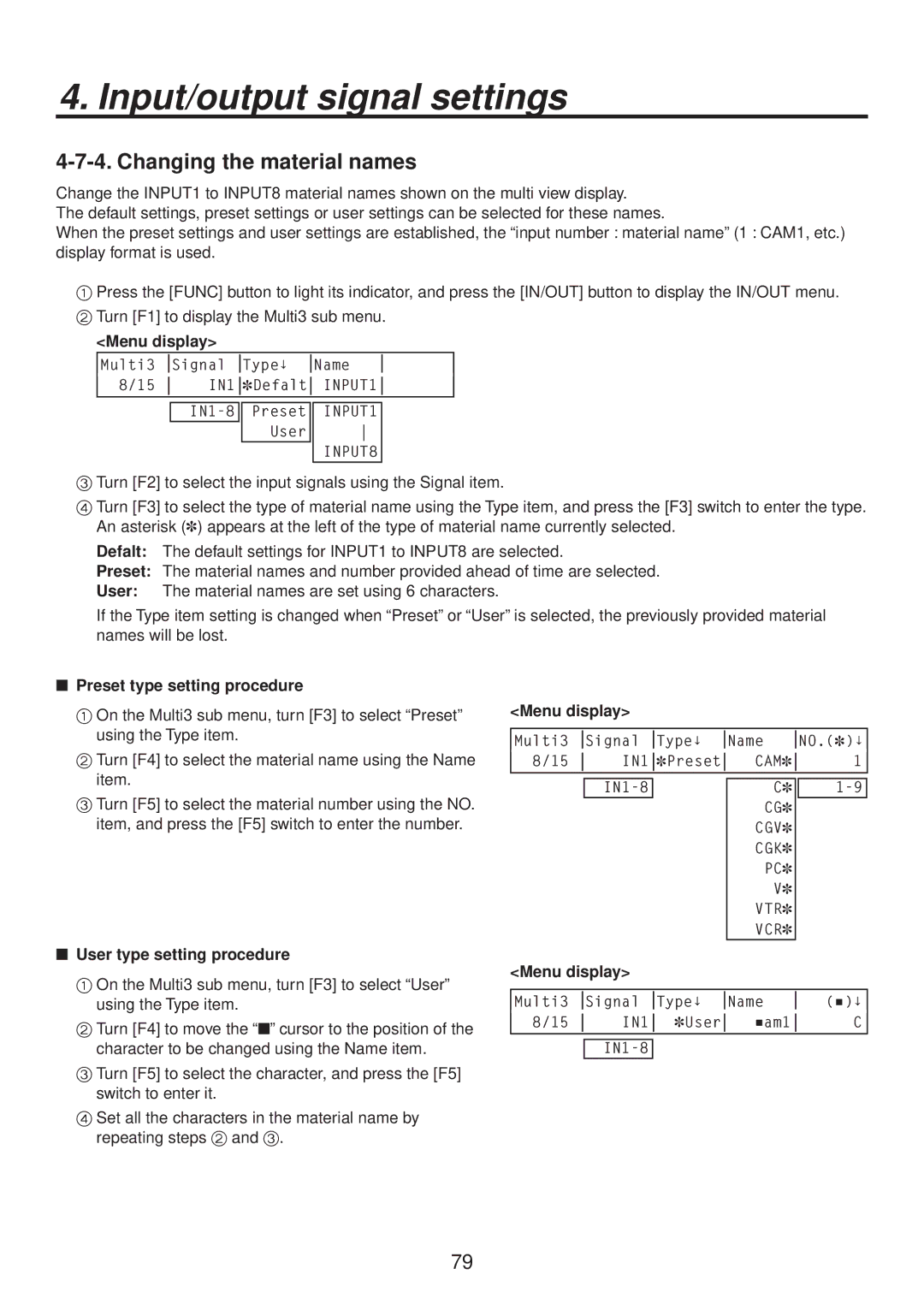 Panasonic AV-HS400AE manual Changing the material names,  Preset type setting procedure,  User type setting procedure 