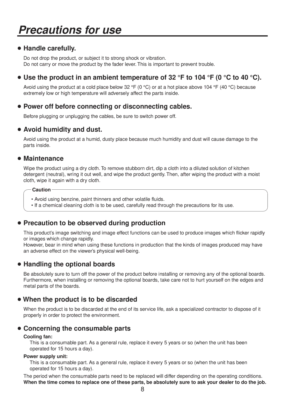 Panasonic AV-HS400AE manual Precautions for use 